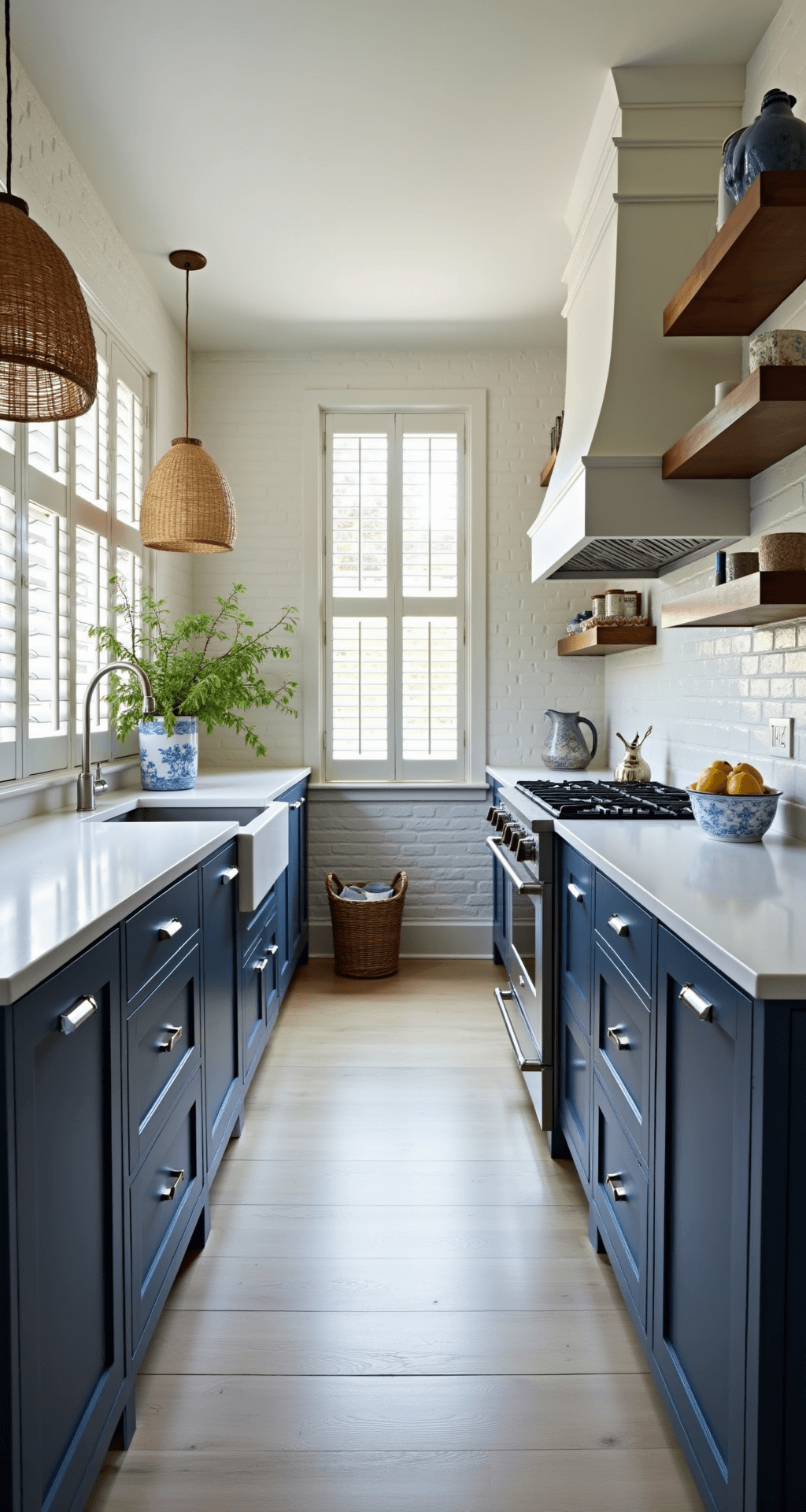 Navy Blue Kitchen Cabinets: Transform Your Space with Timeless Elegance A coastal-inspired galley kitchen featuring navy shaker cabinets against whitewashed brick walls, with afternoon light casting shadows through plantation shutters. The kitchen includes polished nickel hardware, white soapstone counters, and rattan pendant lights, styled with blue-and-white chinoiserie and seagrass accents.