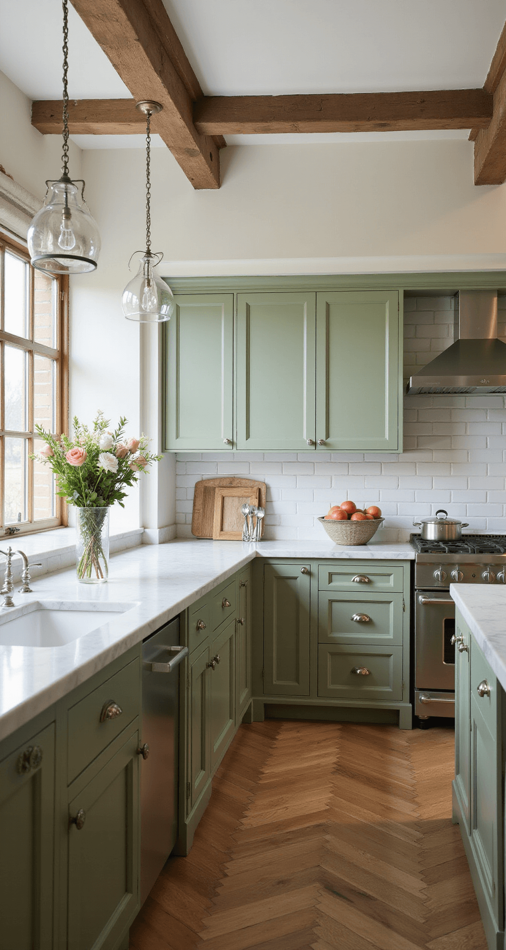 Green Kitchen Cabinets: A Refreshing Design Trend That Transforms Your Space A spacious traditional kitchen featuring sage green perimeter cabinets and a darker olive island, with Carrara marble countertops, subway tile backsplash, and herringbone hardwood floors. The room is illuminated by morning light, highlighting exposed beams in the cathedral ceiling. The shot captures architectural details from a slightly elevated angle, showcasing fresh flowers and vintage silverware displayed on the counter.