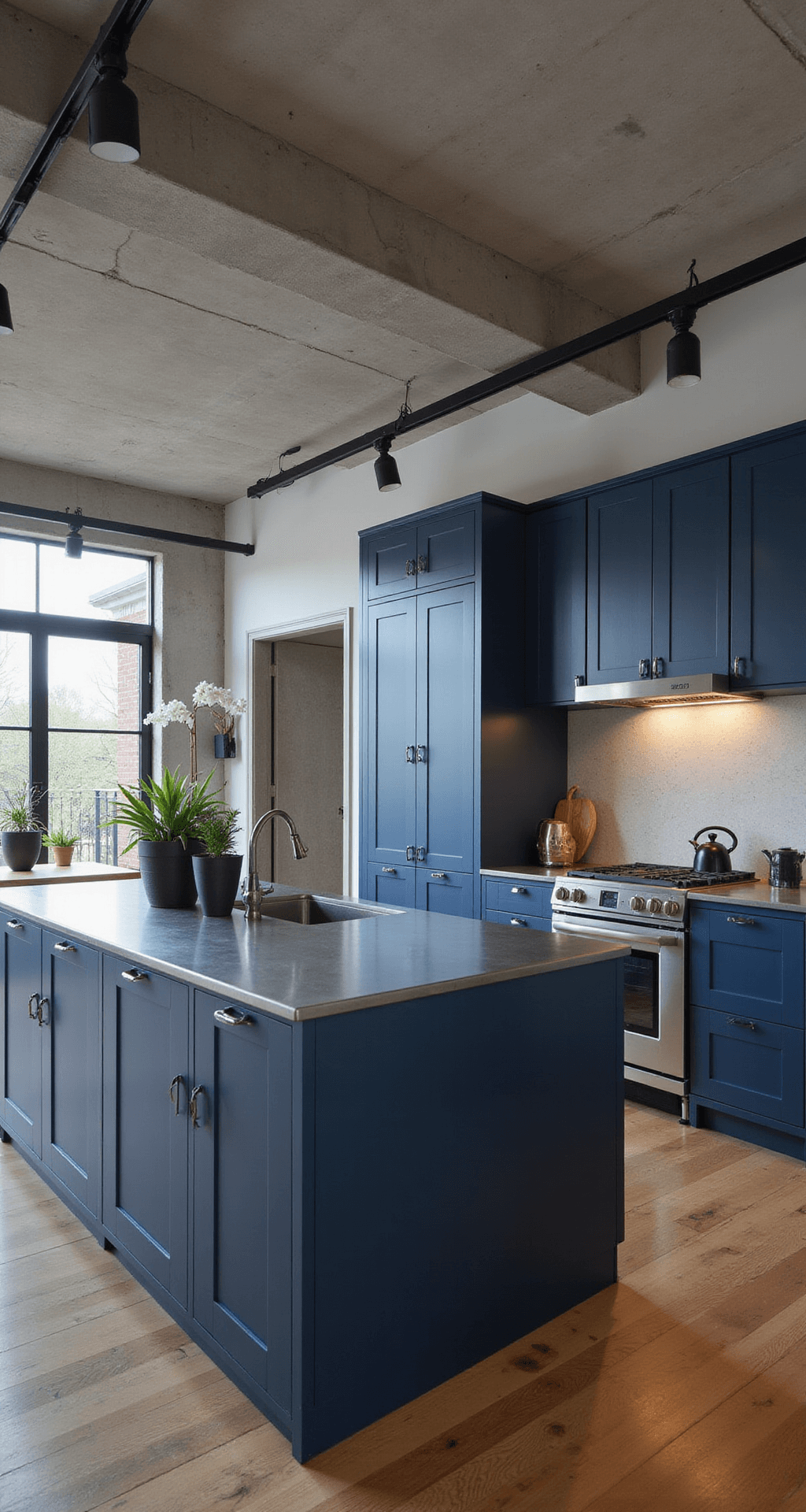 Navy Blue Kitchen Cabinets: Transform Your Space with Timeless Elegance An elevated view of a 20x25ft industrial-modern open concept kitchen with navy flat-panel cabinets, black steel handles, exposed concrete ceiling, and track lighting, showcasing stainless steel appliances, zinc countertops, minimalist black ceramics, and architectural plants, flowing into a dining area.