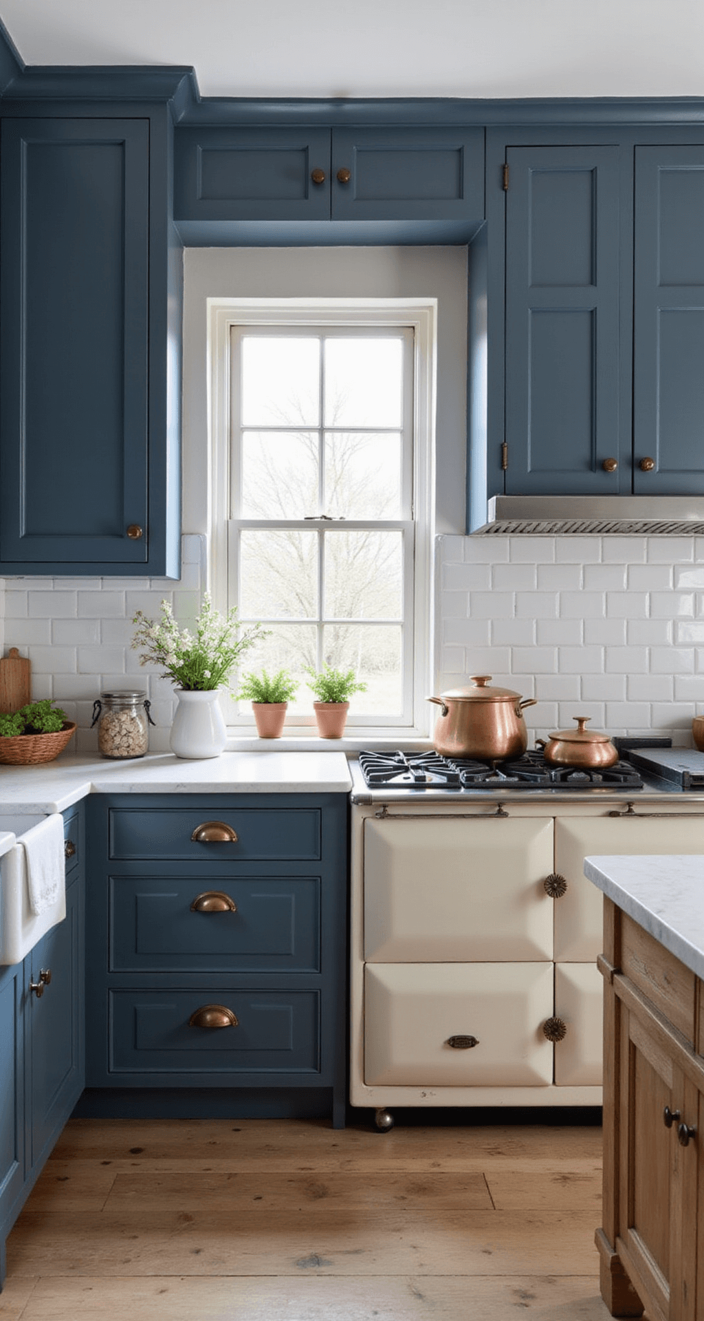 Navy Blue Kitchen Cabinets: Transform Your Space with Timeless Elegance Traditional farmhouse kitchen with navy raised-panel cabinets and antique copper pulls, featuring a cream Aga range and reclaimed wood island with marble top. Soft morning light filters through mullioned windows, styled with vintage copper pots, white ironstone, and fresh market flowers.