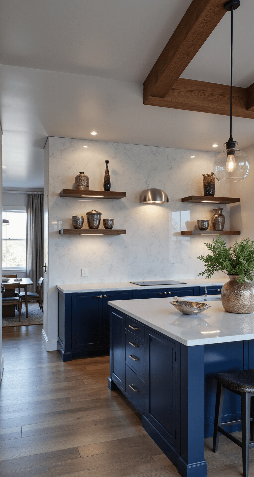 Navy Blue Kitchen Cabinets: Transform Your Space with Timeless Elegance A contemporary open kitchen featuring glossy navy cabinets with integrated handles, a white marble backsplash extending to the ceiling, walnut floating shelves, and modern glass pendant lighting. The view is from the dining area, highlighting reflective surfaces, LED accent lighting, and stylish decor including modern art and metallic vessels.