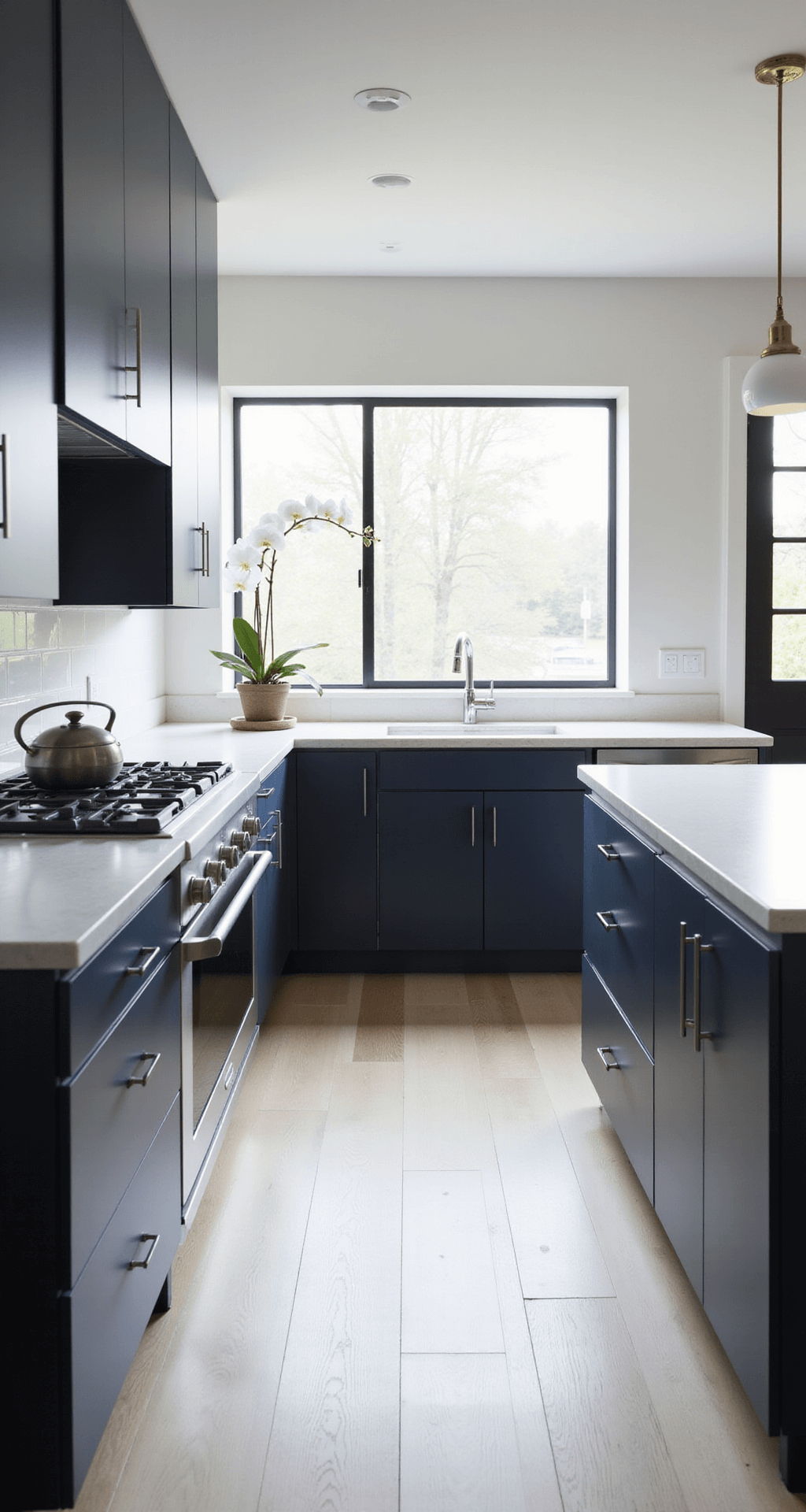 Navy Blue Kitchen Cabinets: Transform Your Space with Timeless Elegance Minimalist kitchen with navy slab cabinets, white Corian counters, and bleached oak floors. Features a central island with waterfall edges, diffused afternoon light through frosted glass, and styled with a single orchid and monochromatic accessories, shot from above to emphasize geometric layout and clean lines.