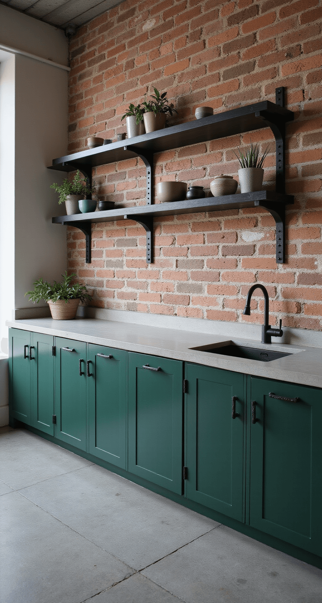Green Kitchen Cabinets: A Refreshing Design Trend That Transforms Your Space Industrial-modern kitchen featuring forest green metal cabinets, blackened steel handles, and concrete countertops with an integrated sink. Highlights include an exposed brick wall with floating steel shelves, polished concrete floors, and minimalist decor with potted succulents. The image captures strong directional lighting and clean lines, shot at eye level with a 50mm lens.