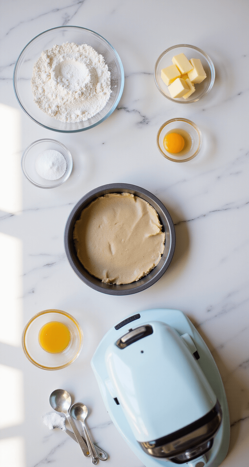 Bento Cake Design for Your Boyfriend: The Ultimate Mini Love Celebration Overhead shot of a white marble countertop with measured ingredients in glass bowls, a 4-inch round cake pan lined with parchment paper, measuring spoons, and an electric mixer, illuminated by natural light.