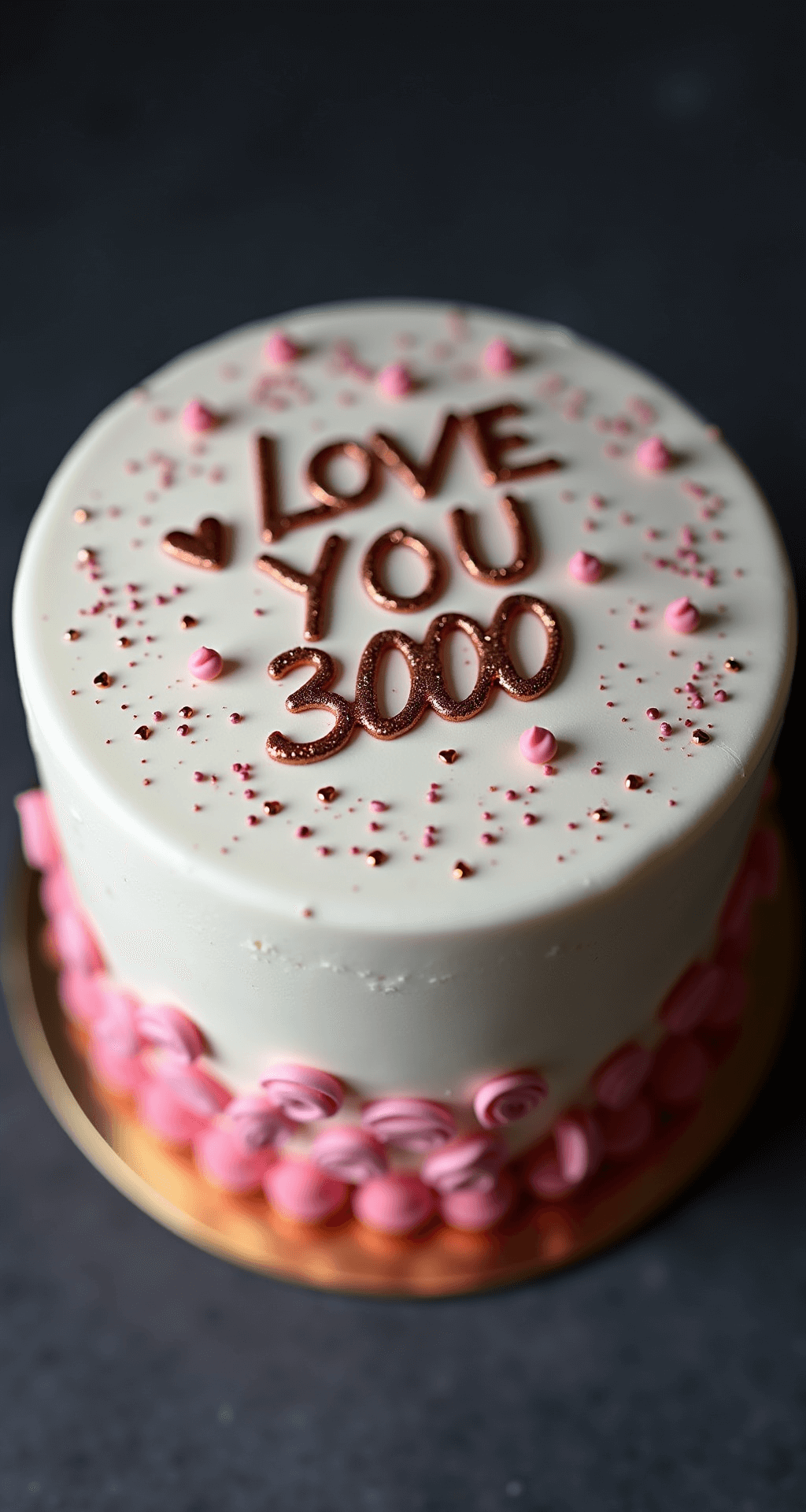 Bento Cake Design for Your Boyfriend: The Ultimate Mini Love Celebration Close-up of a 4-inch mini bento cake with smooth white whipped cream frosting, decorated with piped rose-gold hearts, edible gold leaf, and tiny heart sprinkles, featuring a hand-piped 'Love You 3000' message in metallic rose-gold buttercream against a dark charcoal backdrop.