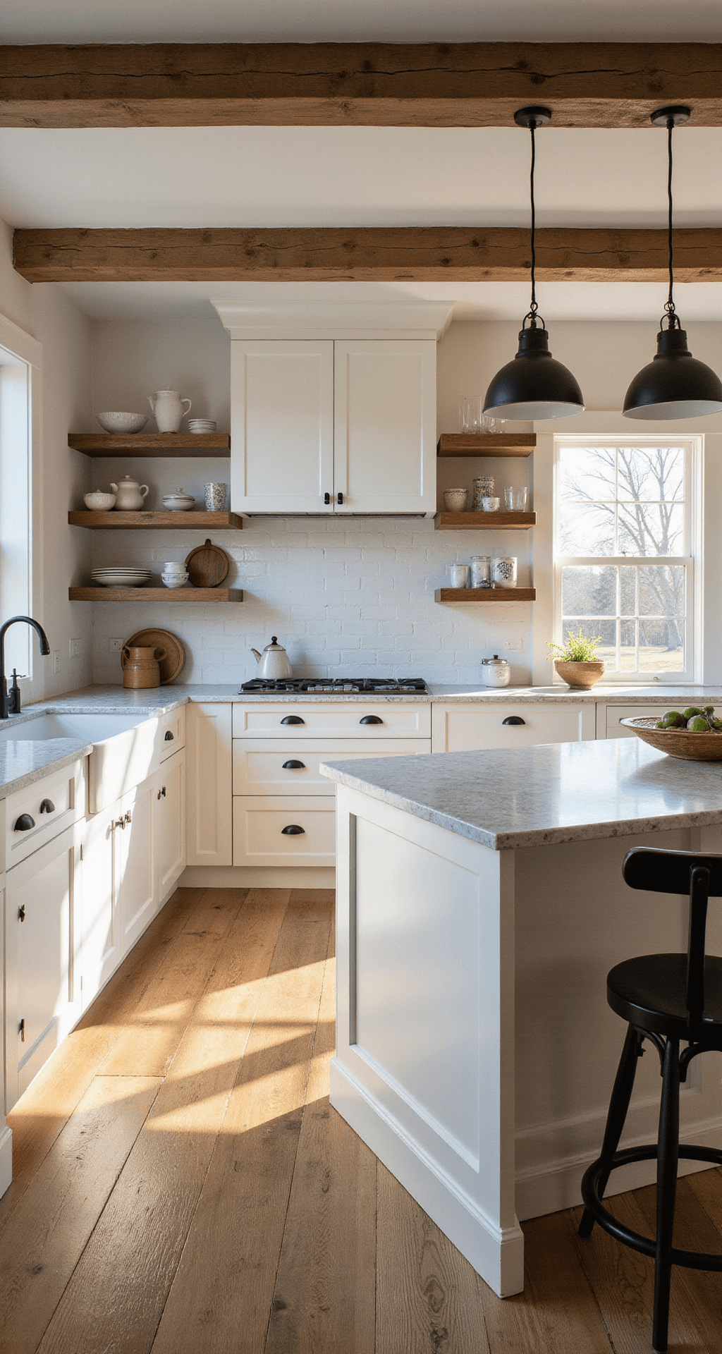 White Kitchen Cabinets: The Ultimate Style Guide for Timeless Elegance A bright modern farmhouse kitchen featuring white Shaker cabinets, a marble-topped island, and wooden beams, illuminated by morning light through large windows, with artisanal pottery on floating shelves and wide plank white oak flooring.