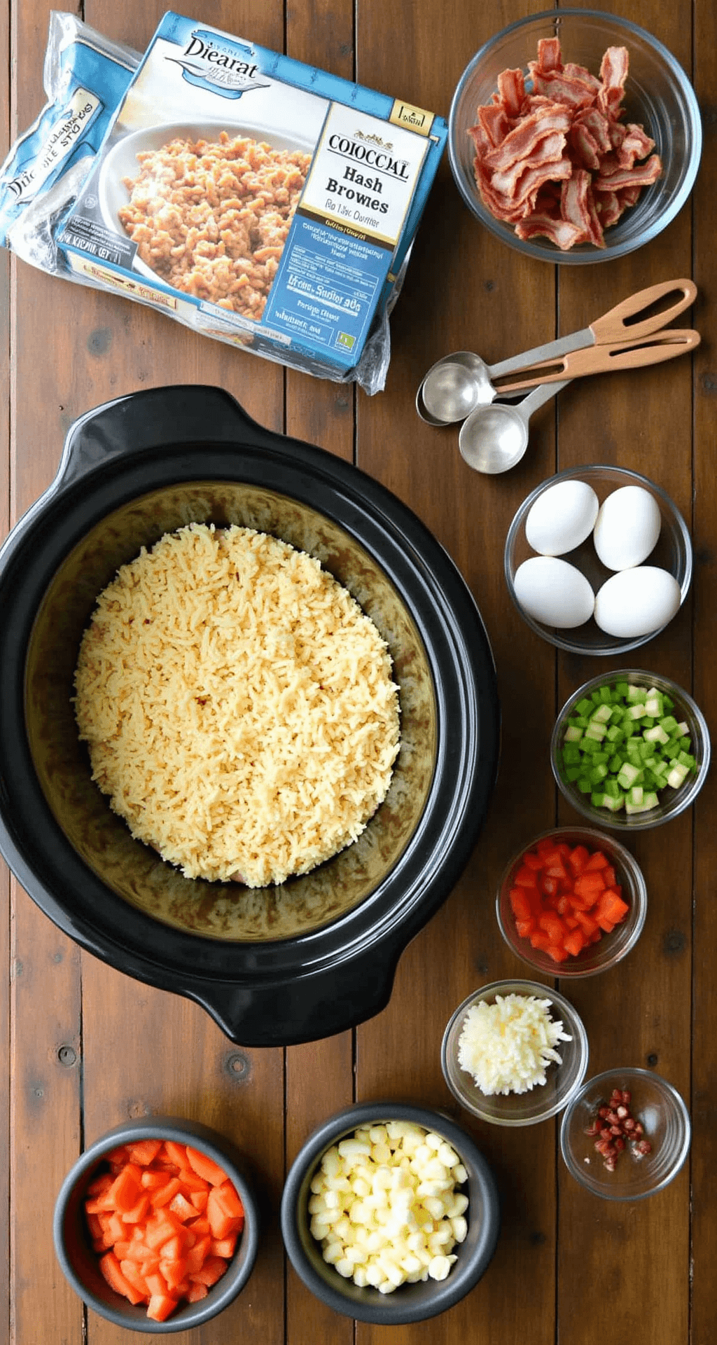 Slow Cooker Breakfast Casserole - The Easiest Way to Feed a Hungry Crowd Overhead view of a rustic kitchen counter with frozen hash browns, farm-fresh eggs, crispy bacon, and colorful diced vegetables in glass bowls, alongside a large slow cooker, illuminated by natural morning light.