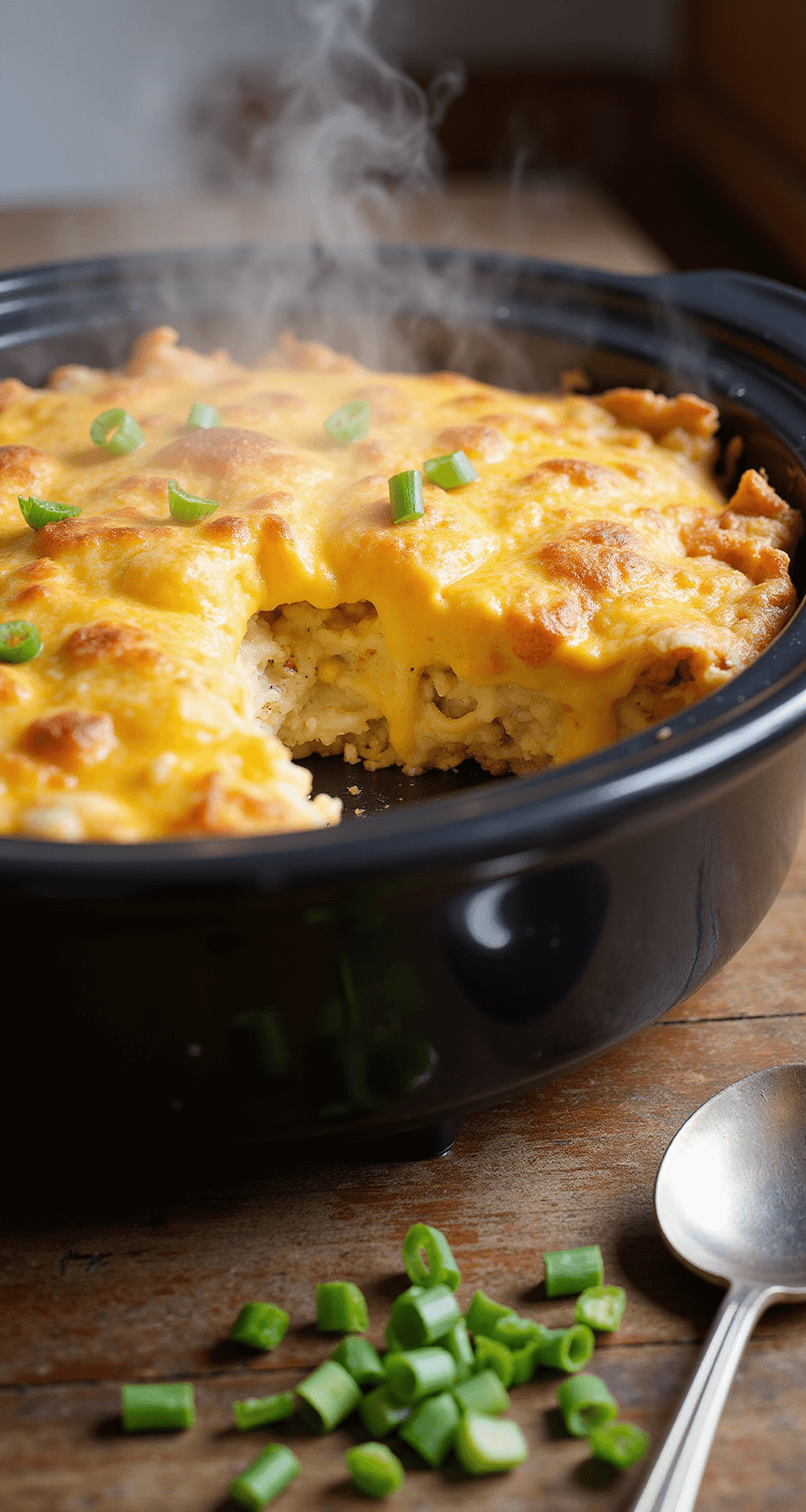 Slow Cooker Breakfast Casserole - The Easiest Way to Feed a Hungry Crowd Close-up of a golden-brown layered breakfast casserole in a steaming slow cooker, featuring melted cheese, cooked eggs, and crispy hash browns, with fresh green onions sprinkled on top, immersed in warm kitchen lighting on a wooden surface.