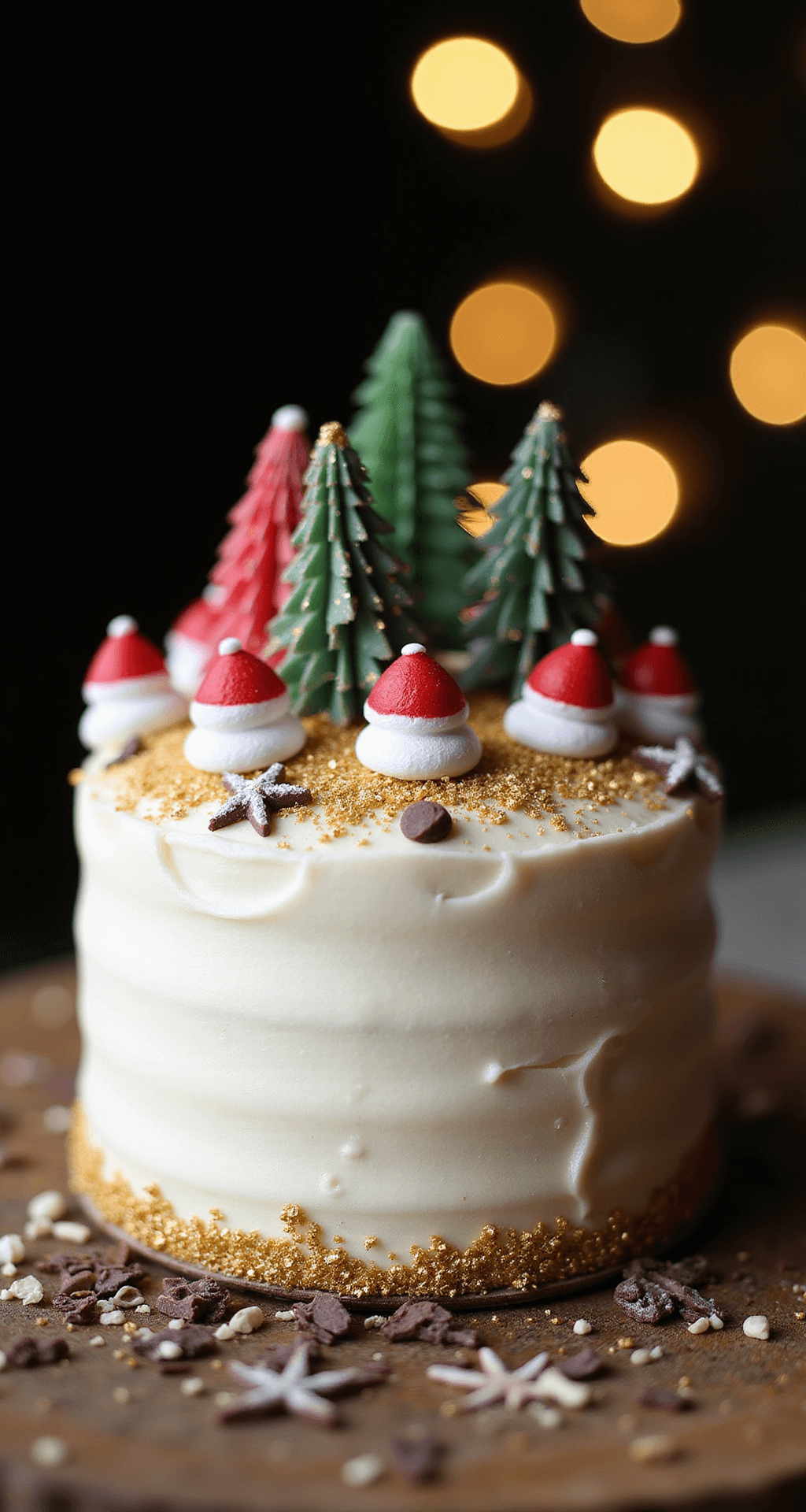 CHRISTMAS BENTO CAKE: A FESTIVE MINI DESSERT DELIGHT Close-up of a mini Christmas bento cake with white buttercream frosting, fondant Santa hats, meringue trees, and snowflake sprinkles, set against a dark background with golden lighting and soft bokeh Christmas lights.