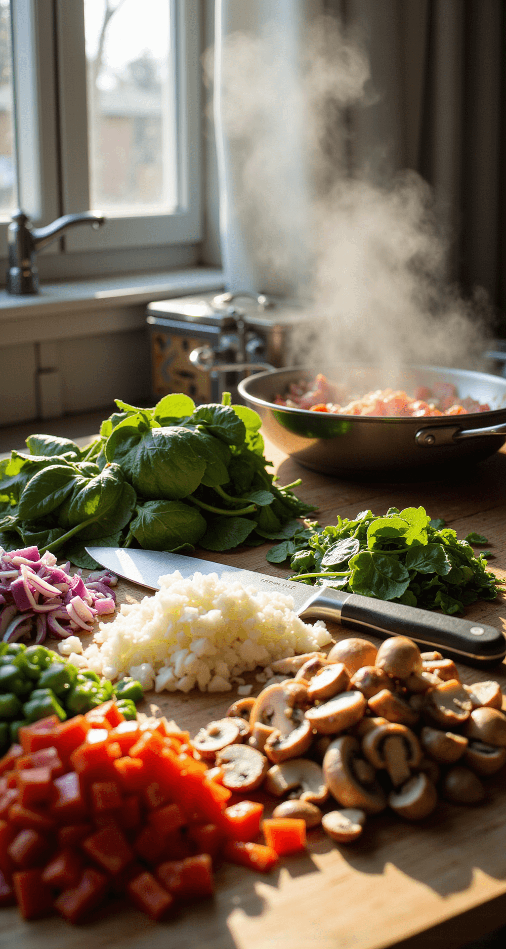 Veggie Breakfast Casserole: The Ultimate Crowd-Pleasing Morning Masterpiece A sunlit kitchen counter with bright, chopped vegetables including red and green bell peppers, onions, mushrooms, and spinach, alongside a chef's knife and cutting board, with steam rising from a skillet in the background.