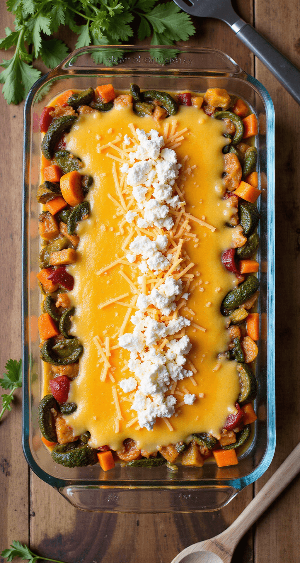 Veggie Breakfast Casserole: The Ultimate Crowd-Pleasing Morning Masterpiece A 9x13 glass baking dish filled with colorful layers of sautéed vegetables and a golden egg mixture, topped with melted cheese, surrounded by fresh herbs and cooking utensils on a rustic wooden surface.