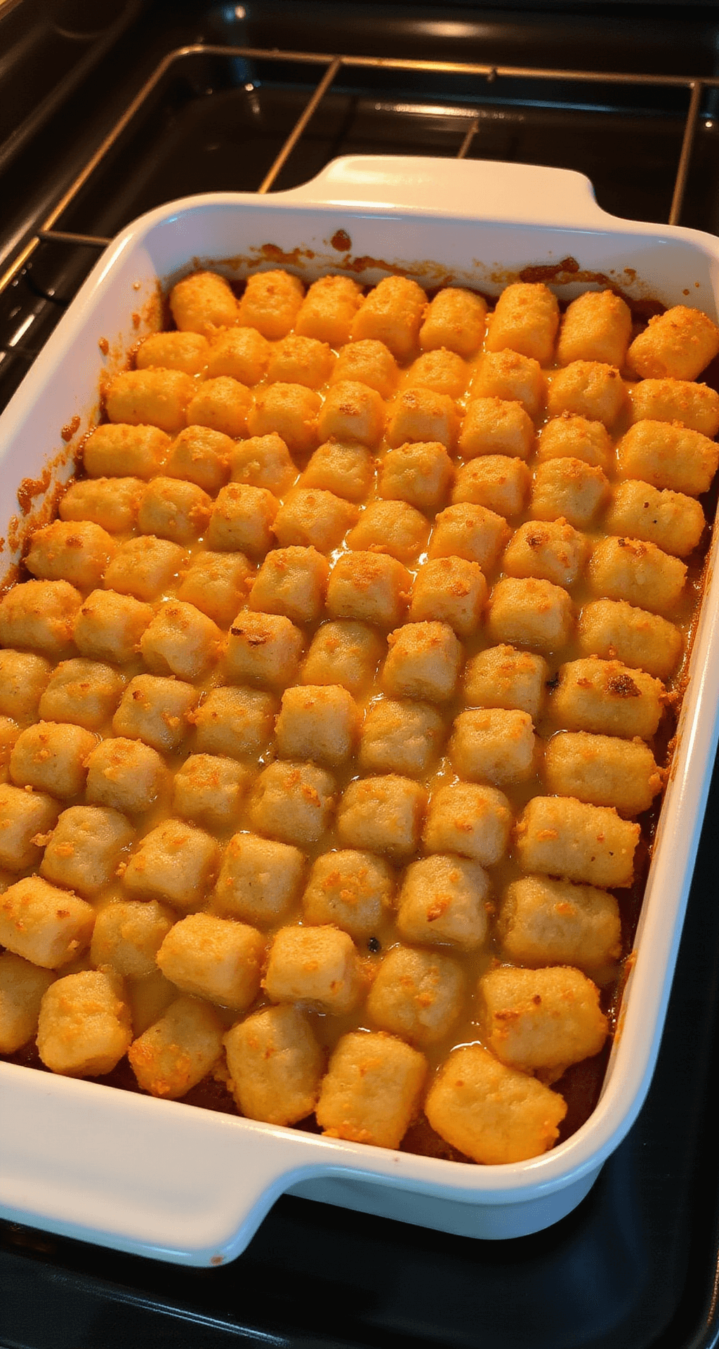 Tater Tot Breakfast Casserole: The Ultimate Crowd-Pleasing Morning Magic Overhead view of a golden-brown tater tot casserole in a 9x13 ceramic dish, bubbling in the oven with melted cheese and caramelized edges.