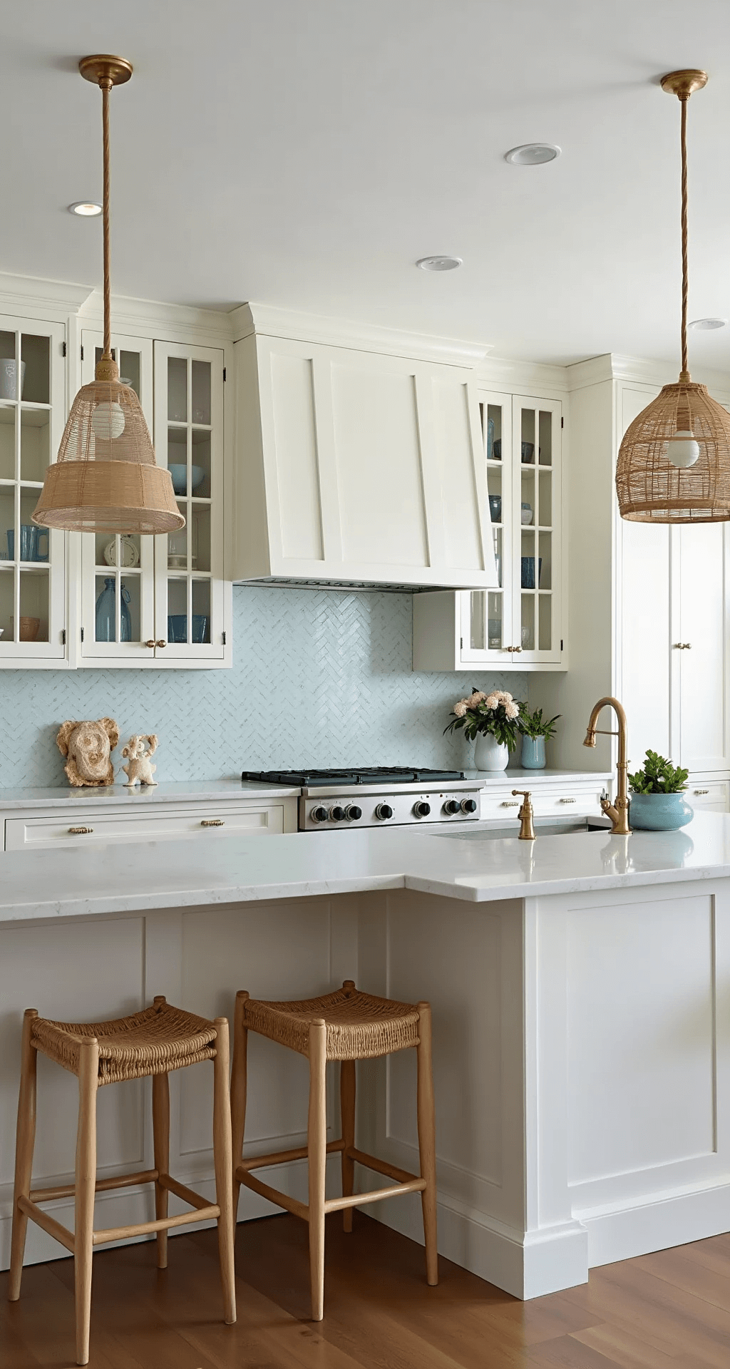 White Kitchen Cabinets: The Ultimate Style Guide for Timeless Elegance A spacious coastal contemporary kitchen featuring white glass-front upper cabinets and sandy off-white lower cabinets, illuminated by afternoon light. The sea-glass backsplash tiles shimmer softly, complemented by brushed brass hardware. White quartz countertops with grey veining, rattan bar stools, and woven pendant lights add texture, while pale blue accents reflect the ocean theme. Maritime artwork and coral specimens enhance the coastal aesthetic.
