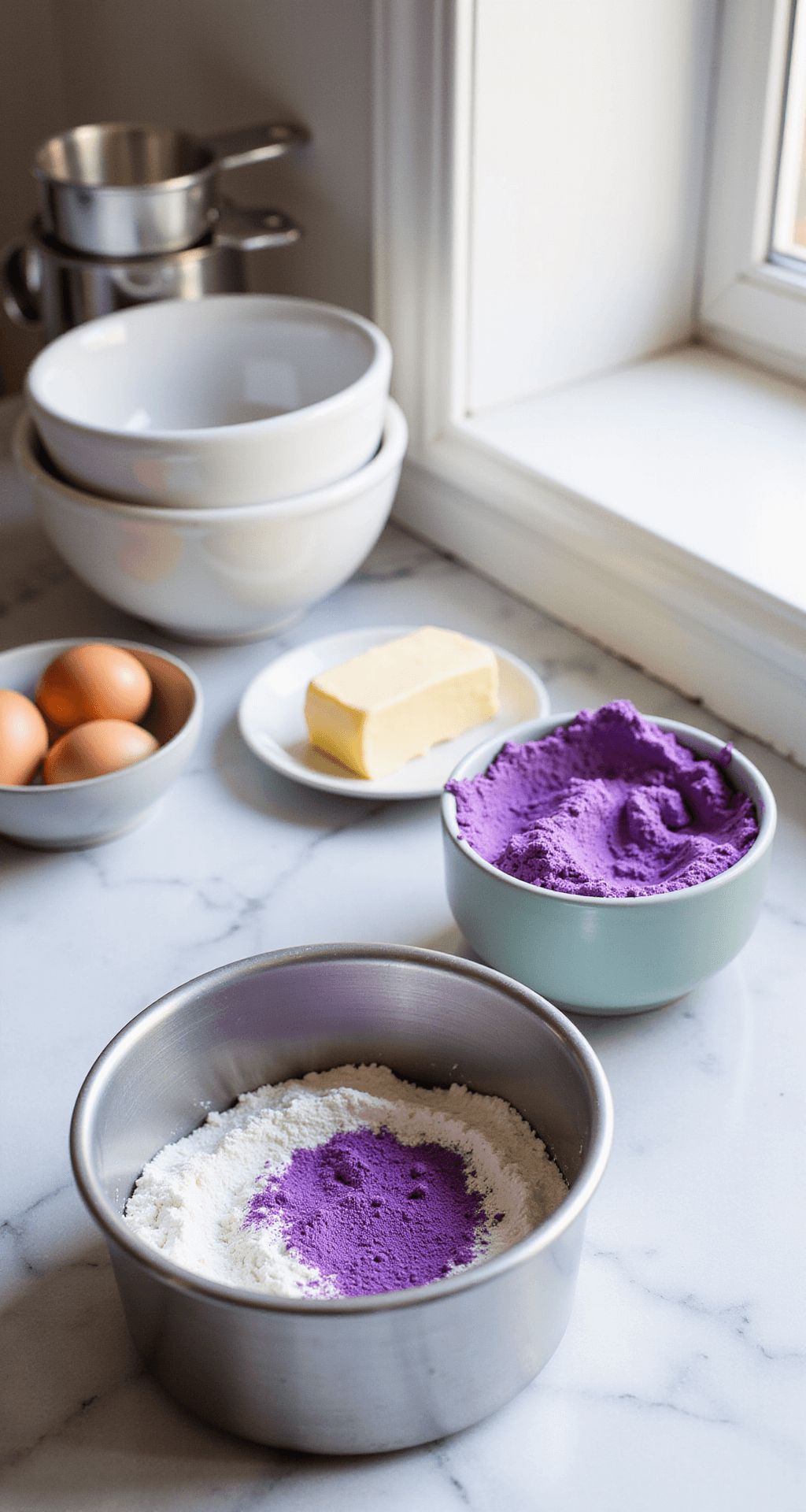 Purple Bento Cake - The Cutest Mini Dessert You'll Ever Make A sunlit kitchen countertop featuring baking ingredients: a 4-inch round cake pan, sifted flour with purple ube powder, softened butter, and fresh eggs, with natural light illuminating measuring cups and bowls against a white marble surface.