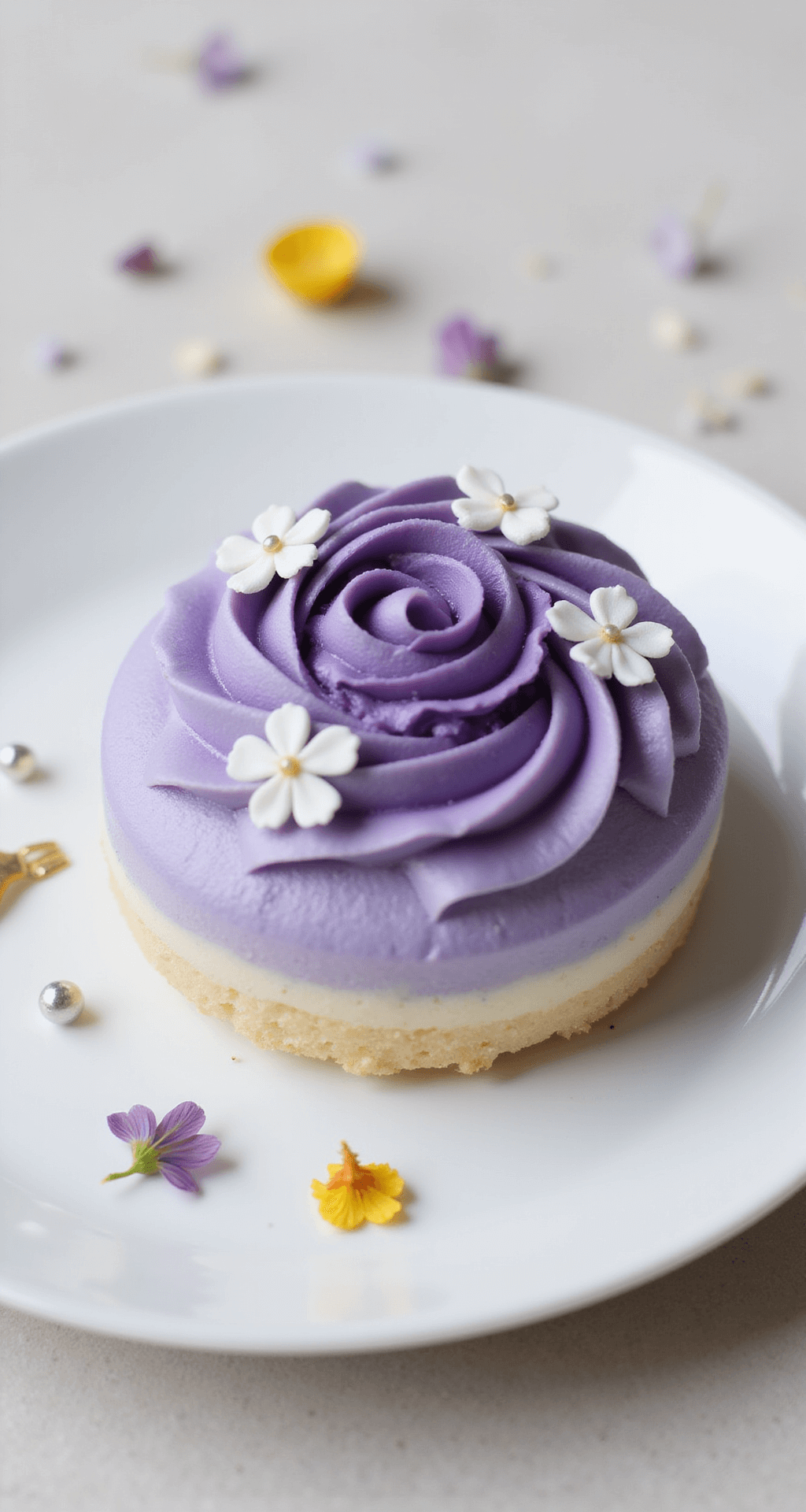 Purple Bento Cake - The Cutest Mini Dessert You'll Ever Make A mini purple bento cake with ombre frosting and white piped flowers on a white plate, accompanied by edible flowers and a gold fork under soft studio lighting.