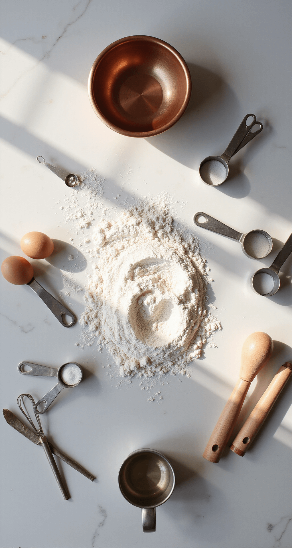 BOLO BENTO CAKE: A Cute Mini Cake Experience Overhead view of a sunlit kitchen counter featuring baking ingredients in a circular arrangement: farm-fresh eggs, sifted flour on marble, measuring cups with sugar, and a copper mixing bowl, complemented by professional baking tools in soft natural light.