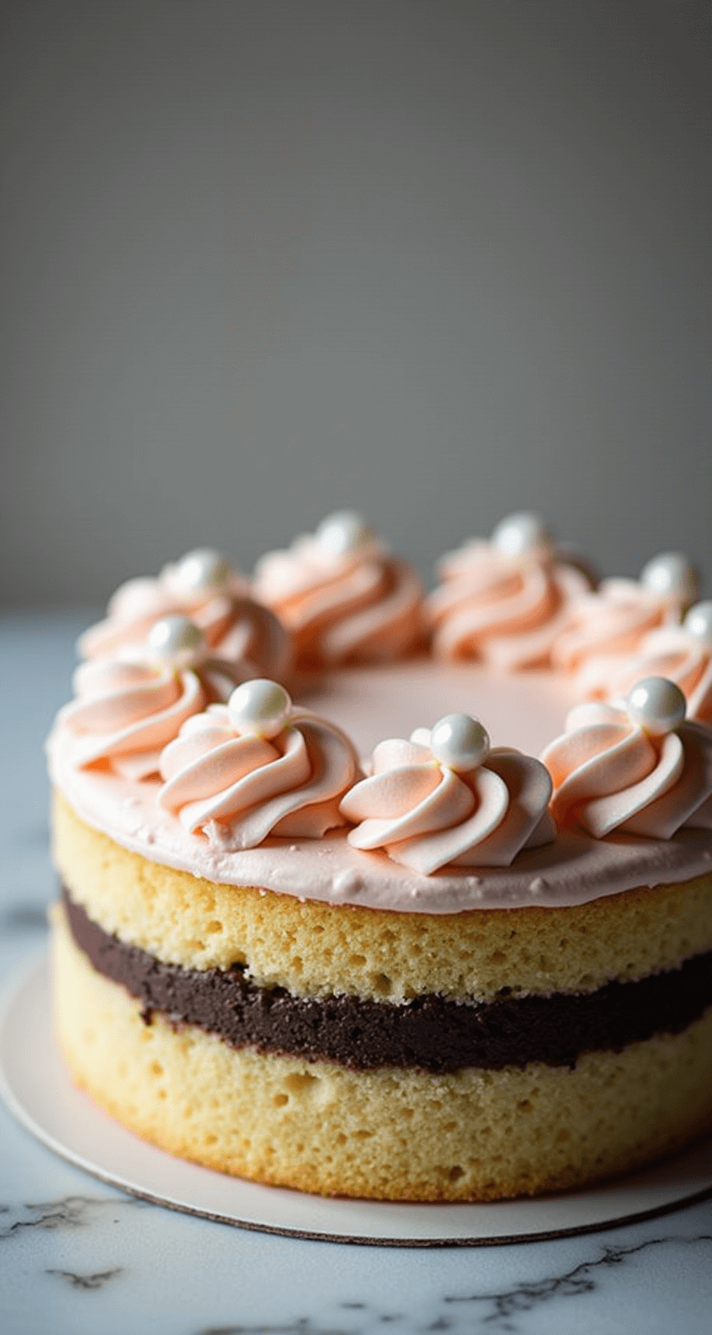 BOLO BENTO CAKE: A Cute Mini Cake Experience Close-up of a beautifully decorated 15cm round bento cake in a clear box, featuring pastel buttercream frosting with piped rosettes and pearls, revealing layers of chocolate filling between golden cake. Soft studio lighting enhances the dreamy effect.