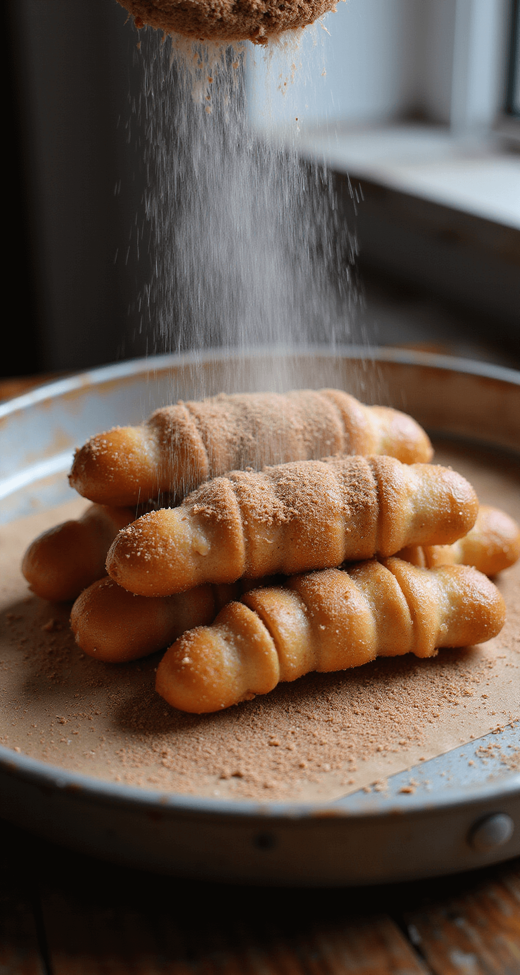 Ultimate Air Fryer Dessert Cookbook: Irresistible Sweet Treats in Minutes Close-up of golden-brown churros being rolled in cinnamon-sugar, with steam rising from their crispy exterior, illuminated by soft natural light through a kitchen window, set on a rustic wooden board and vintage metal tray.