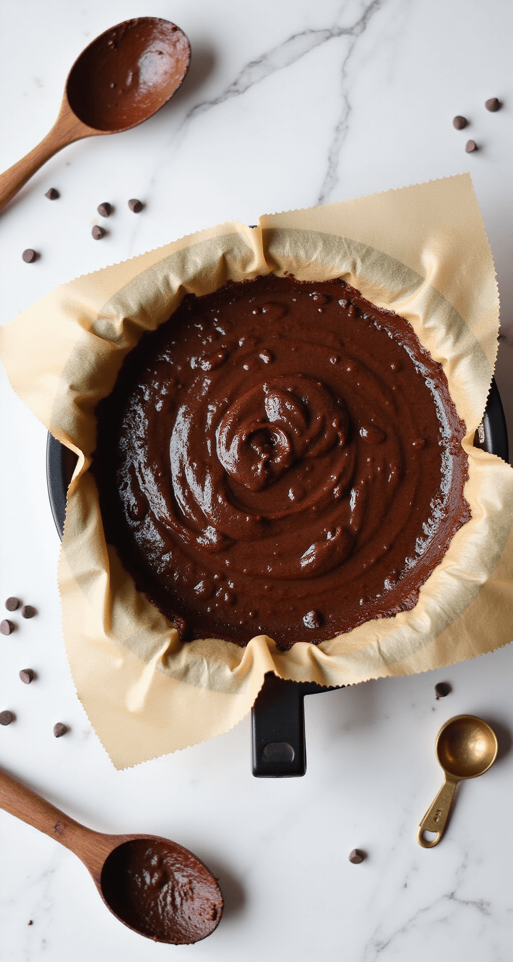 Ultimate Air Fryer Dessert Cookbook: Irresistible Sweet Treats in Minutes Overhead view of glossy chocolate brownie batter being poured into a parchment-lined air fryer basket, with scattered chocolate chips and a marble countertop backdrop, featuring a vintage wooden spoon and measuring cups.
