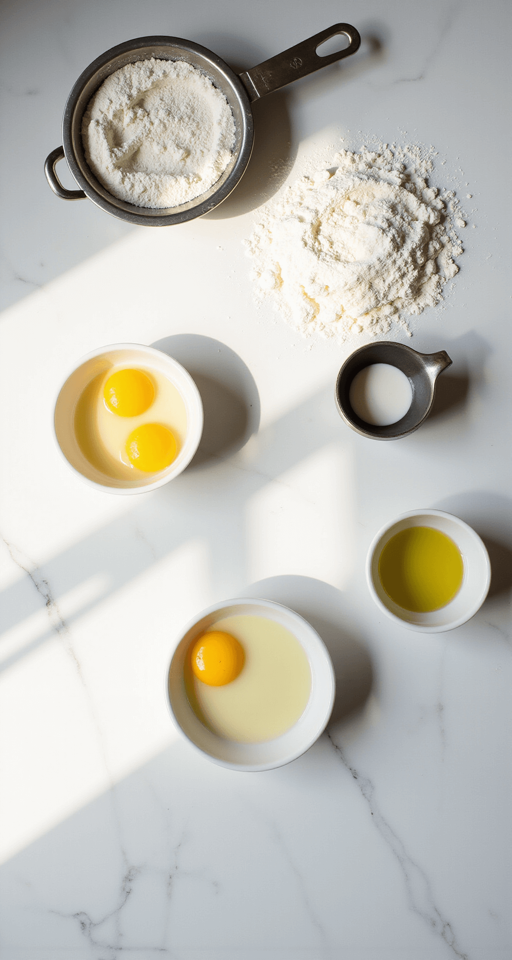 BENTO CAKE LUCU: ADORABLE MINI CAKE MAGIC Overhead view of a marble countertop featuring separated egg yolks in ceramic bowls, measuring cups of milk and oil, and a sifter releasing flour dust, illuminated by natural window light.