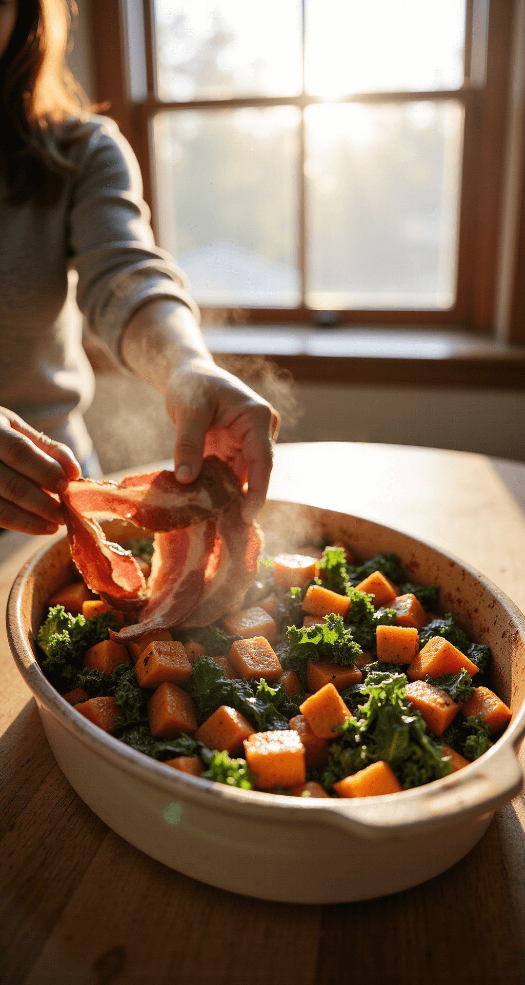 PALEO BREAKFAST CASSEROLE: A NUTRIENT-PACKED MORNING POWERHOUSE Close-up of hands layering crispy bacon and roasted vegetables in a rustic ceramic casserole dish, with sunlight highlighting steam from sautéed sweet potatoes and kale.