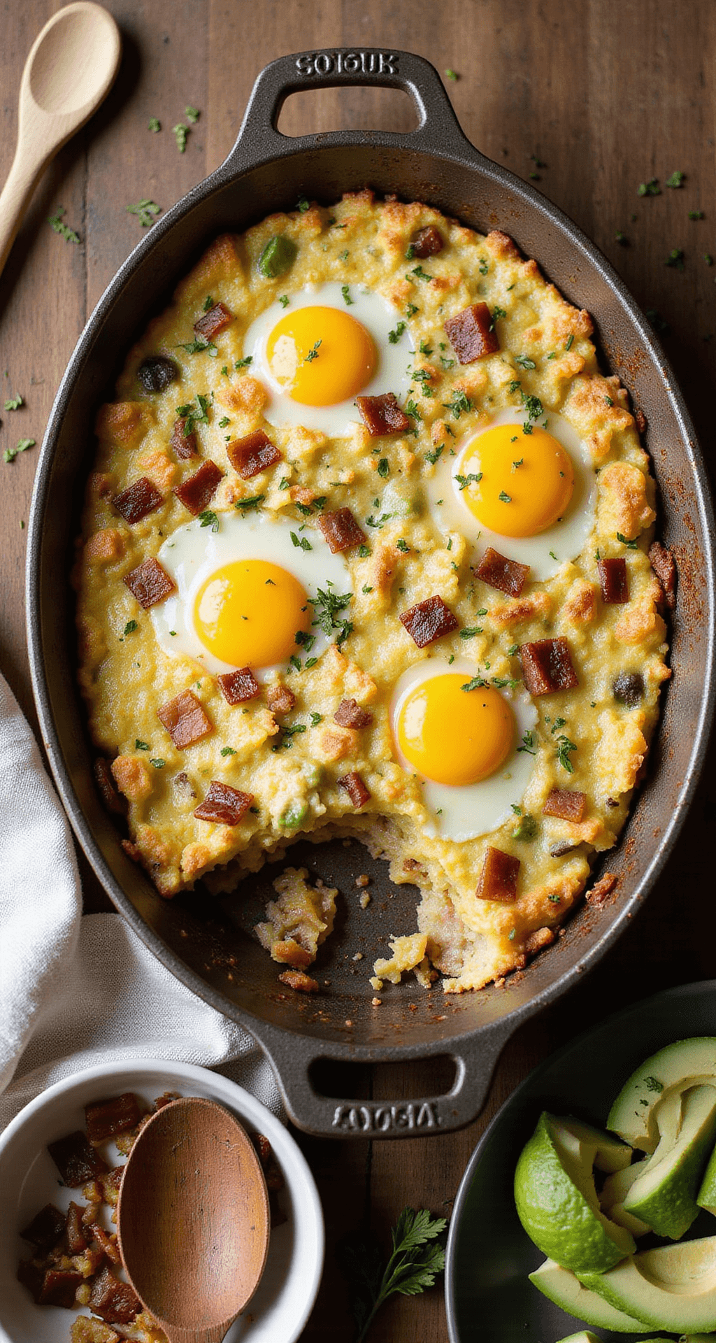 PALEO BREAKFAST CASSEROLE: A NUTRIENT-PACKED MORNING POWERHOUSE Overhead view of a freshly baked breakfast casserole in a cast-iron dish, featuring a golden egg layer, crispy bacon, colorful vegetables, garnished with herbs and avocado, with warm natural lighting.