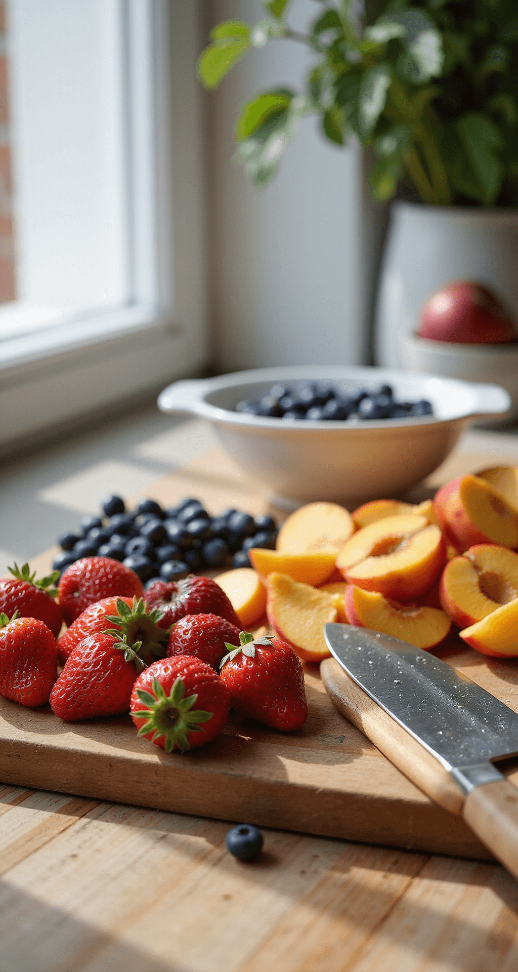 Fresh Fruit Salad: The Ultimate Summer Refresh A sunlit modern kitchen countertop featuring fresh strawberries, blueberries, and peaches arranged neatly, with a wooden cutting board and a sharp knife, surrounded by a white ceramic colander, all illuminated by morning light.