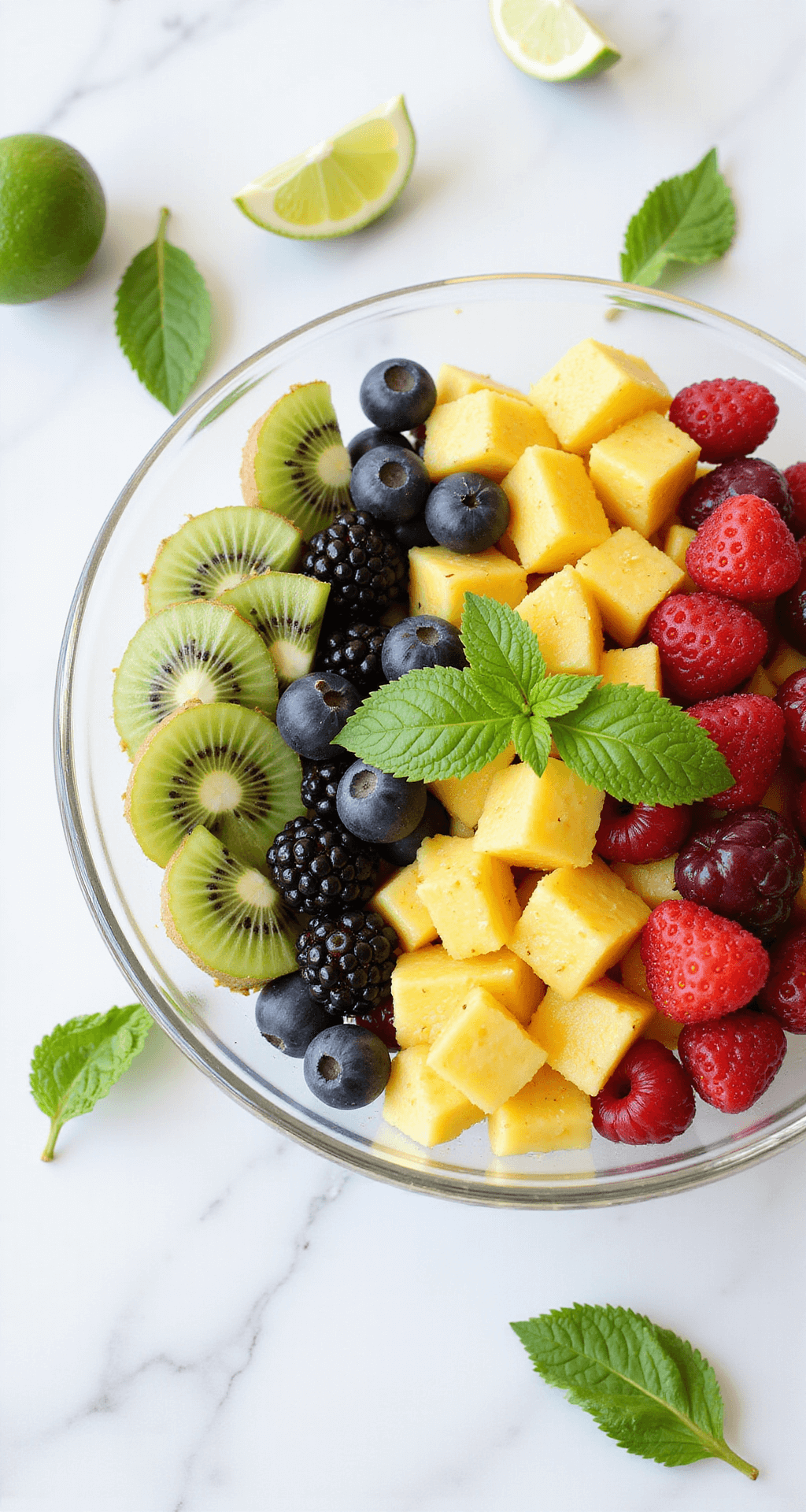 Fresh Fruit Salad: The Ultimate Summer Refresh Elegant glass bowl filled with vibrant fresh-cut fruits including berries, pineapple, and kiwi, garnished with mint and honey, on a white marble counter with scattered mint leaves and lime wedges.