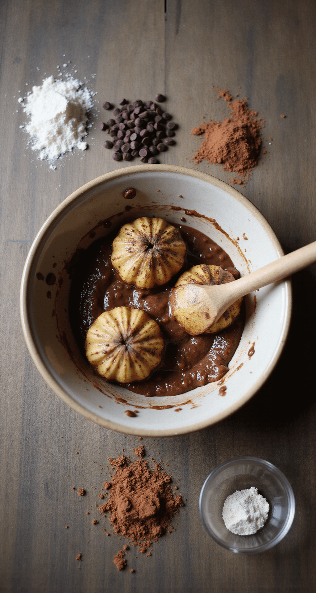 Chocolate Banana Bread: The Ultimate Decadent Comfort Bread Close-up of three overripe bananas being mashed in a vintage ceramic bowl on a rustic wooden countertop, with cocoa powder, flour, and chocolate chips scattered around, illuminated by soft natural light.