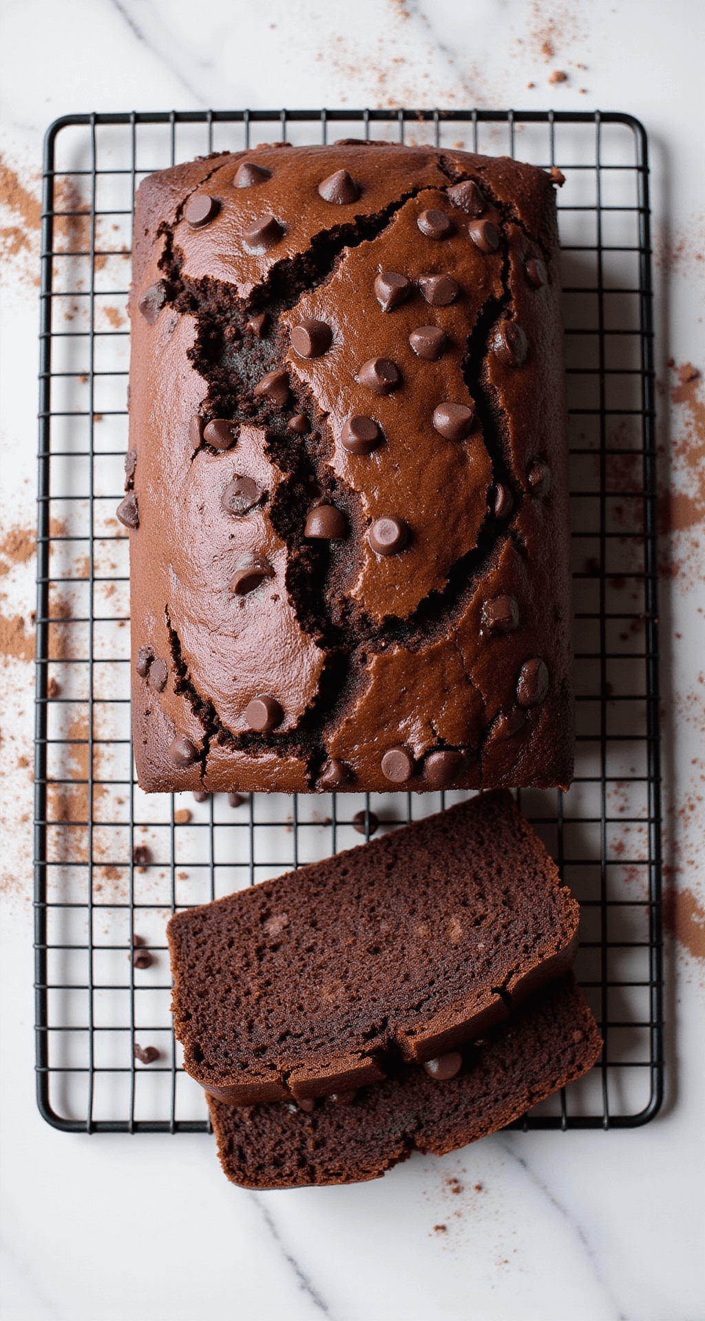 Chocolate Banana Bread: The Ultimate Decadent Comfort Bread Overhead shot of a freshly baked chocolate banana bread on a black wire rack, with steam rising from the top, chocolate chips visible, and a slice cut to show the moist crumb, set against a marble countertop dusted with cocoa powder.