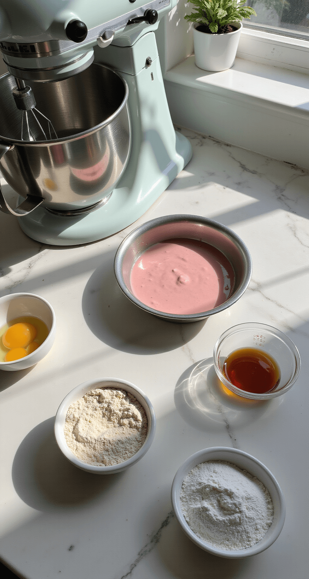 Pink Bento Cake: A Delightful Miniature Celebration Dessert A sunlit kitchen counter featuring a 4-inch cake pan filled with pink batter, surrounded by bowls of flour, sugar, and eggs, with a stand mixer showing traces of creamed butter, all set against a backdrop of soft natural lighting and gentle shadows on a marble countertop.