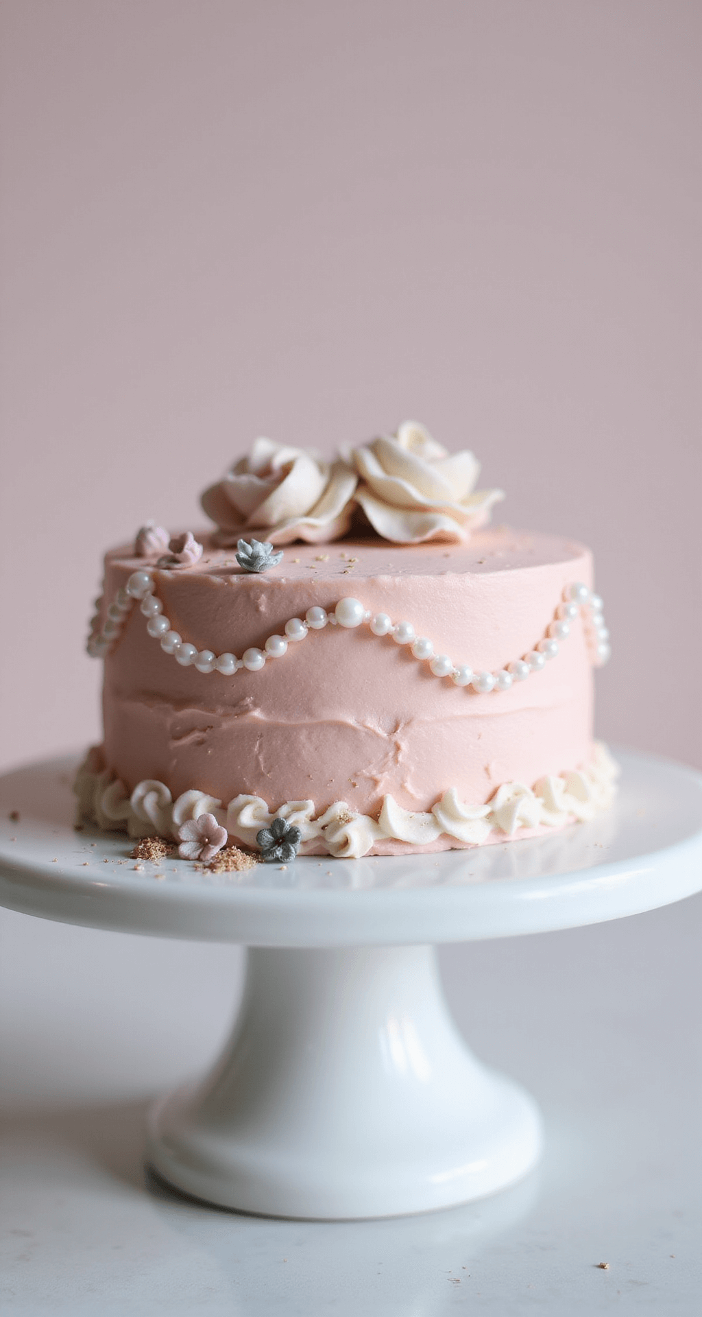 Pink Bento Cake: A Delightful Miniature Celebration Dessert Close-up of a pink bento cake on a white cake stand, featuring blush-pink buttercream, piped rosettes, pearled borders, edible glitter, sugar flowers, and metallic accents, showcased with professional lighting.