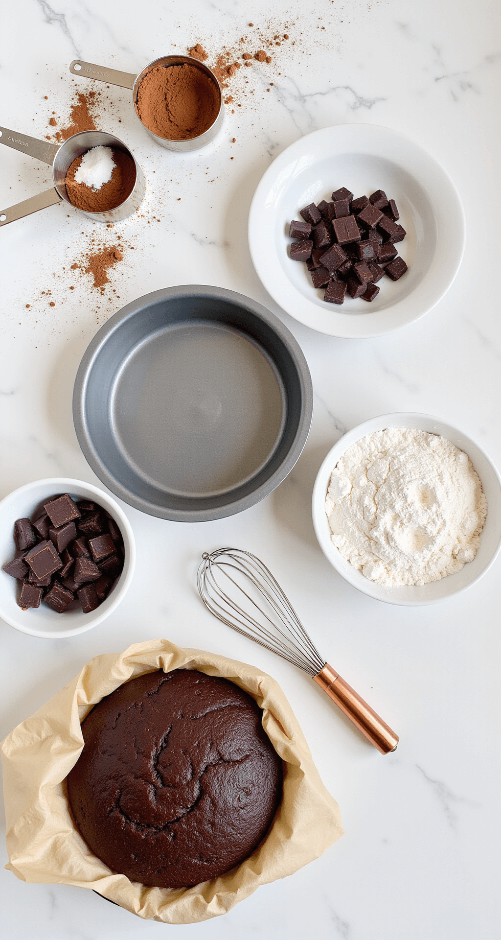 Decadent Chocolate Bento Cake: Your Perfectly Portable Sweet Indulgence High-angle view of a marble countertop showcasing baking ingredients including sifted cocoa powder, measuring cups of flour, dark chocolate chunks, a centrally placed round cake pan lined with parchment paper, and nearby mixing bowls with a copper whisk.