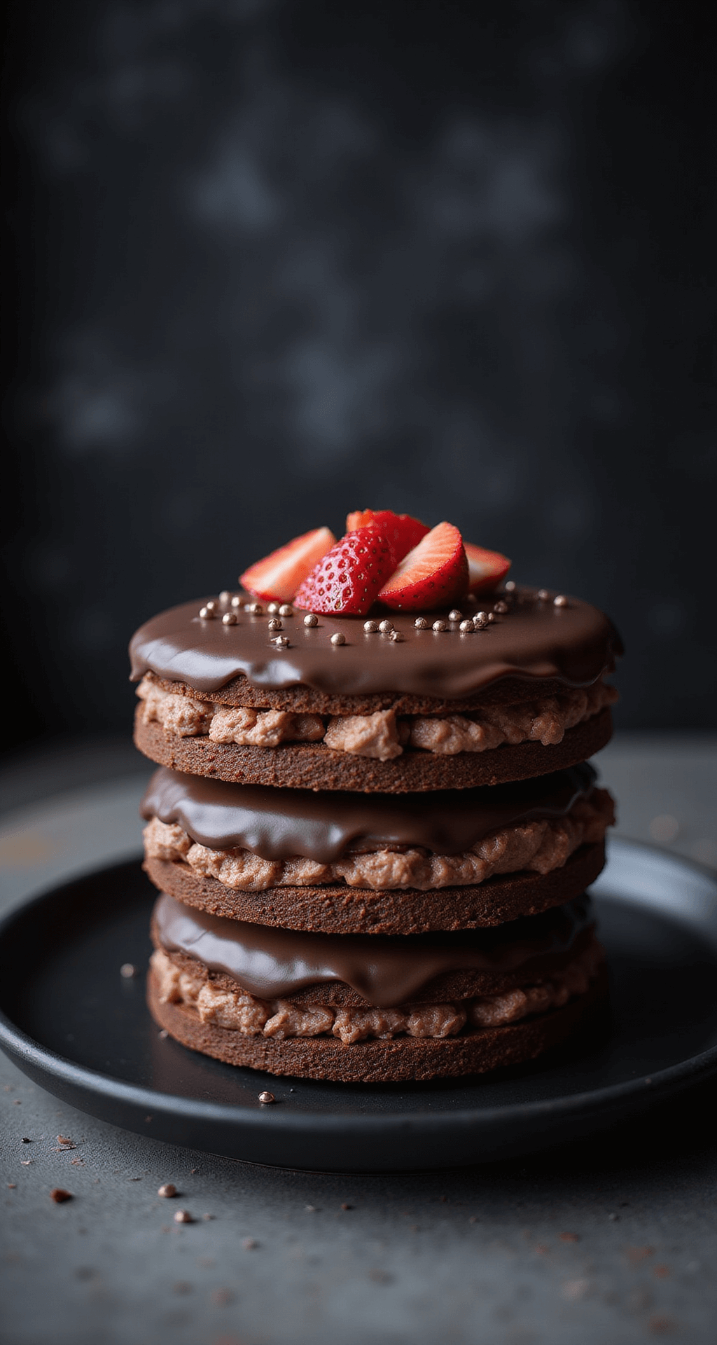 Decadent Chocolate Bento Cake: Your Perfectly Portable Sweet Indulgence Close-up of a three-layer chocolate bento cake with dark ganache, garnished with chocolate pearls and strawberry slices, presented on a black ceramic plate against a dark, moody background.