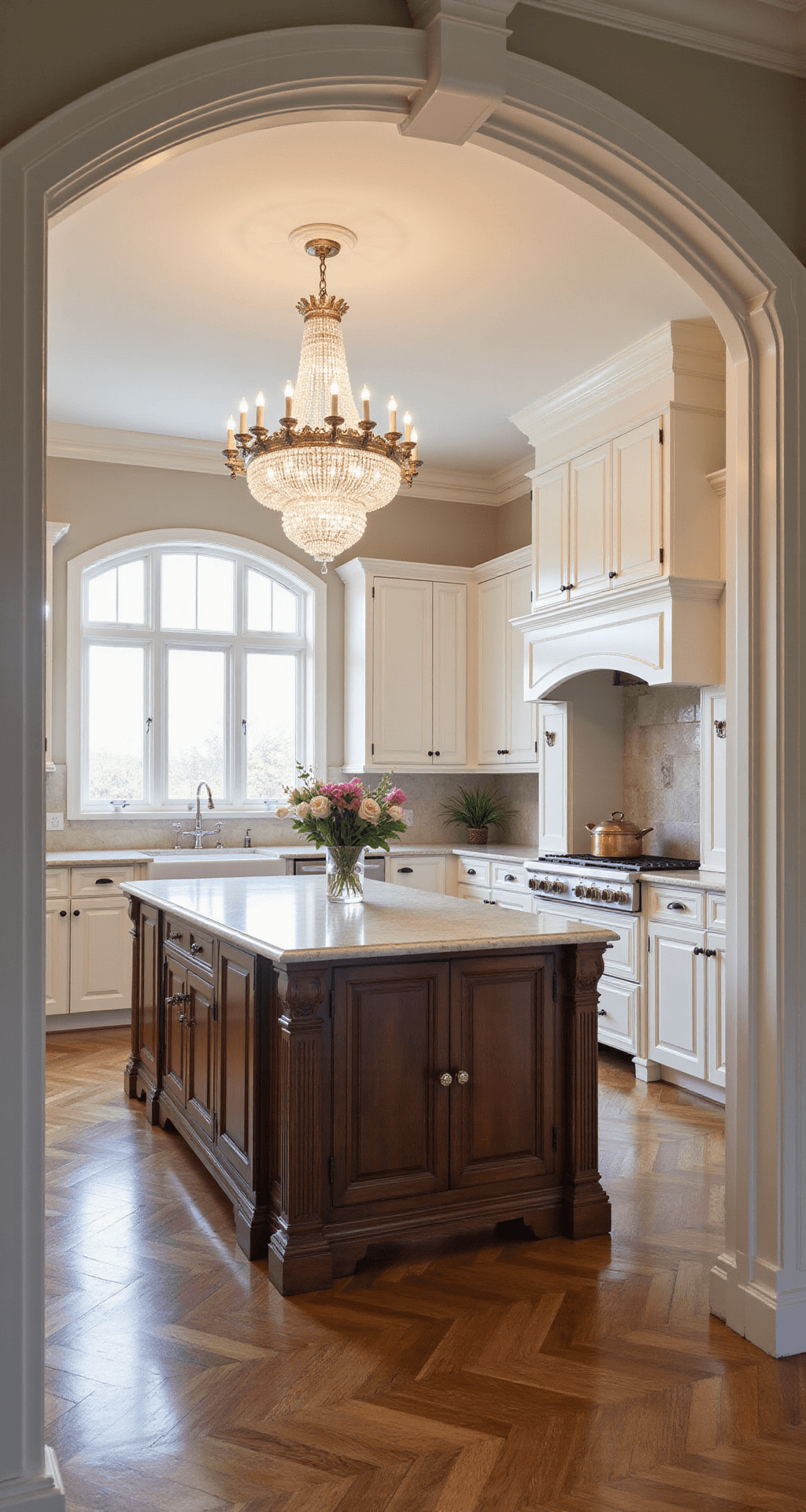 White Kitchen Cabinets: The Ultimate Style Guide for Timeless Elegance A grand traditional kitchen featuring cream white cabinets with carved crown molding, a marble island with a crystal chandelier overhead, polished nickel fixtures, herringbone walnut floors, and decorative elements like fresh flowers and copper cookware.