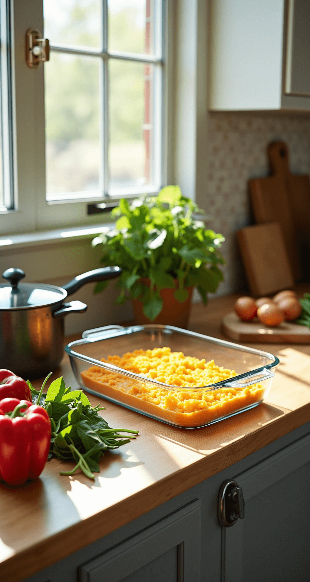 Healthy Breakfast Casserole - Your Ultimate Morning Wellness Boost Sunlit kitchen counter with vibrant red bell peppers, fresh spinach, farm-fresh eggs, and golden cheddar cheese arranged for breakfast prep, featuring a 9x13 glass baking dish and high-end cookware.