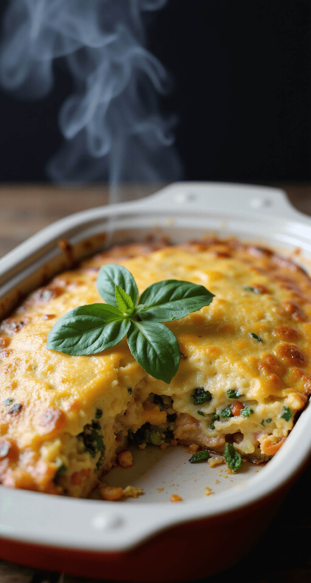 Healthy Breakfast Casserole - Your Ultimate Morning Wellness Boost A perfectly baked breakfast casserole in a ceramic dish, featuring golden-brown edges, a fluffy center with colorful vegetables, melted cheese, and herbs, illuminated by soft natural light, garnished with fresh spinach leaves.