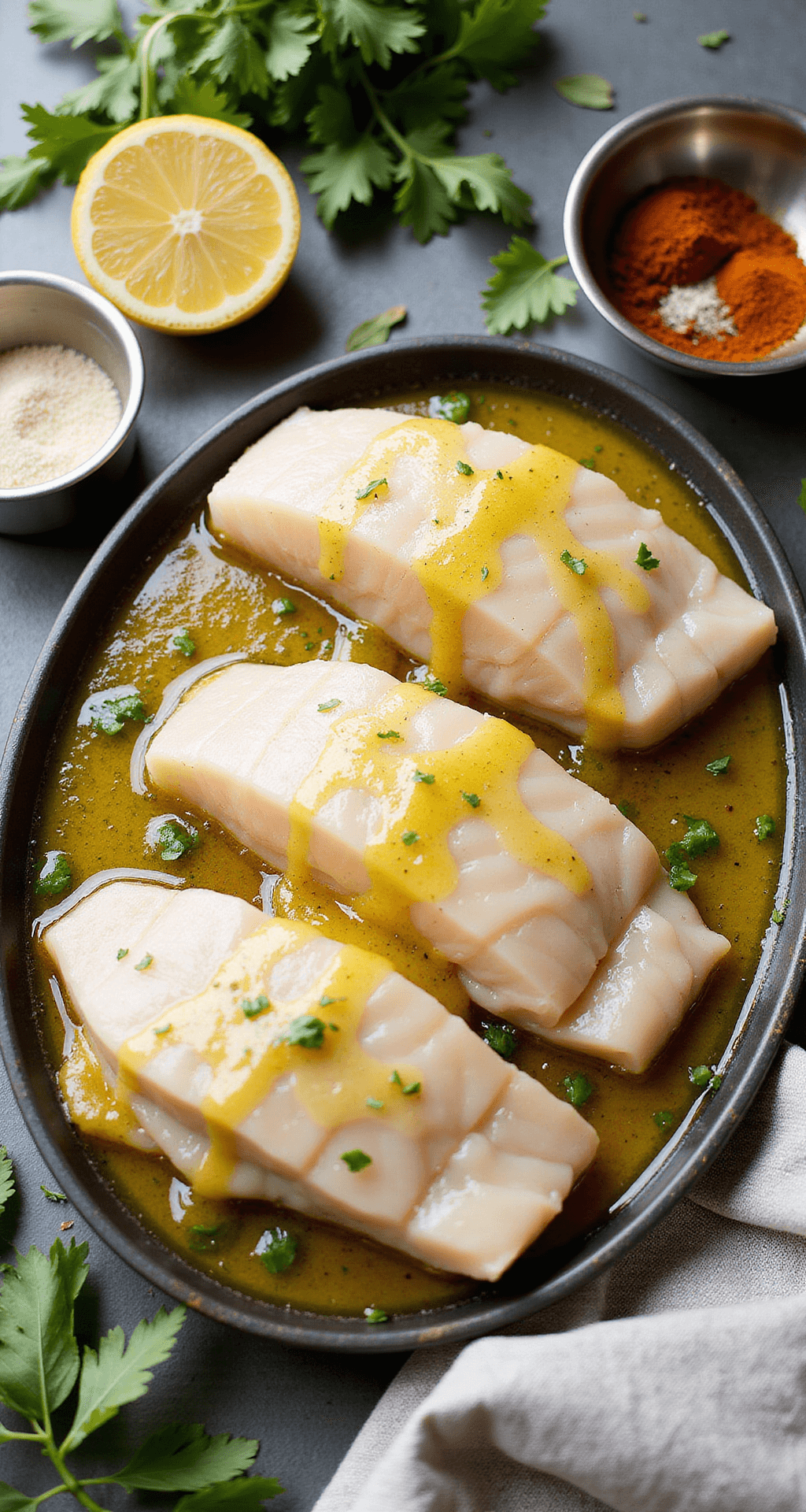 GRILLED SWORDFISH STEAKS: THE ULTIMATE SUMMER SEAFOOD SHOWSTOPPER Overhead view of swordfish steaks being marinated with olive oil, fresh herbs, and lemon wedges in a professional kitchen setting with natural light casting soft shadows.