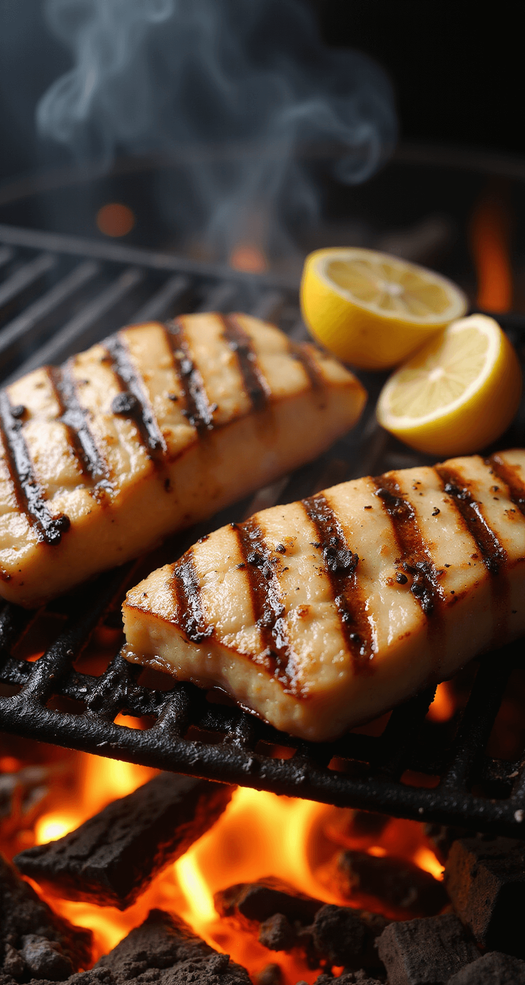 GRILLED SWORDFISH STEAKS: THE ULTIMATE SUMMER SEAFOOD SHOWSTOPPER Close-up of sizzling swordfish steaks with perfect grill marks on a flame-kissed grill, accompanied by charred lemon halves and rising steam in a warm, dramatic light.