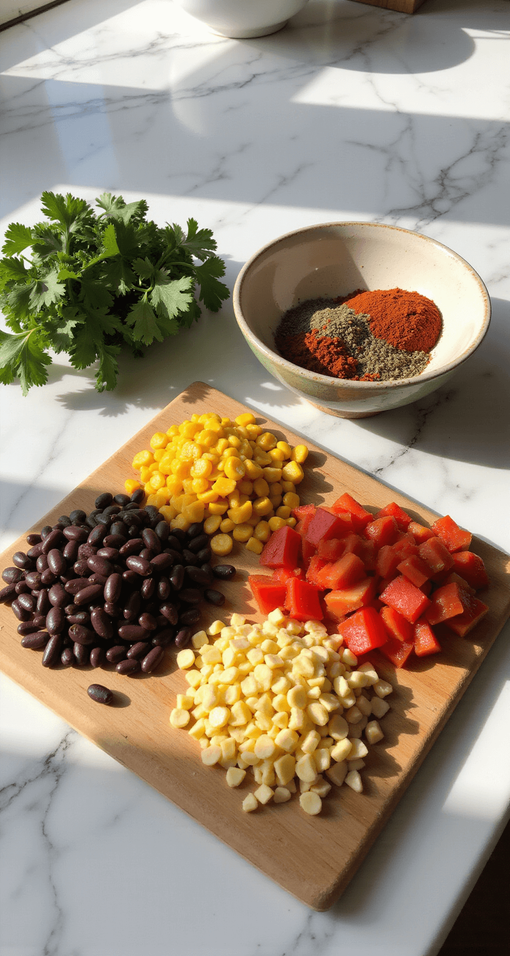 Spicy Black Bean Burgers with Southwestern Kick A sunlit kitchen showcases a wooden cutting board with drained black beans, colorful diced bell peppers, and fresh corn, alongside a ceramic bowl of spice blend with chipotle and cilantro.