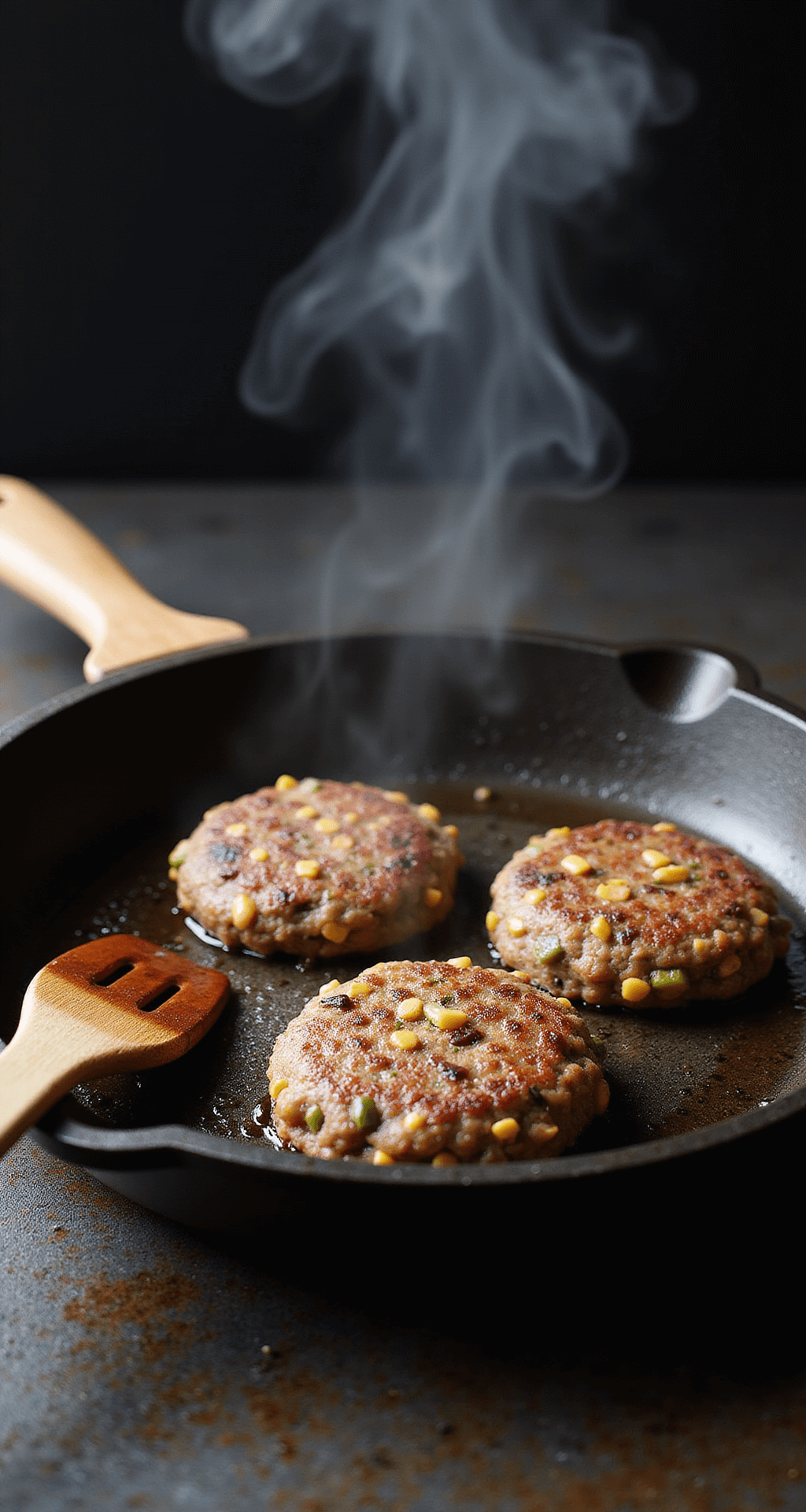 Spicy Black Bean Burgers with Southwestern Kick A cast-iron skillet with three golden-brown black bean patties, steam rising against a dark background, droplets of oil creating a bokeh effect, and a wooden spatula nearby.