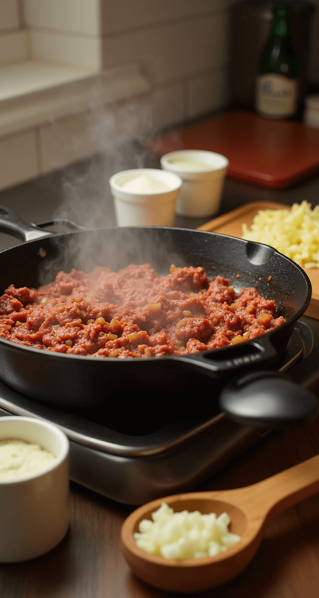 SLOPPY JOE PIE: The Ultimate Comfort Food Casserole Close-up of sizzling ground beef and diced onions in a cast-iron skillet, with steam rising in a warmly lit kitchen, surrounded by fresh ingredients like chopped onions and measuring cups of Bisquick mix, evoking a cozy cooking atmosphere.