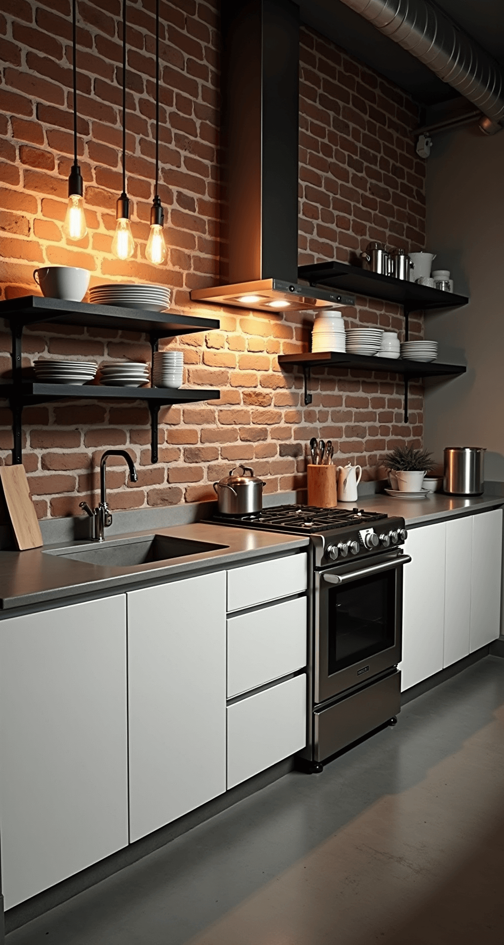White Kitchen Cabinets: The Ultimate Style Guide for Timeless Elegance Modern industrial kitchen featuring sleek white lacquered cabinets, exposed brick walls, stainless steel appliances, and concrete countertops under warm Edison bulb lighting, with black steel open shelving displaying minimalist dishware. The shot highlights vertical space and dramatic evening lighting.