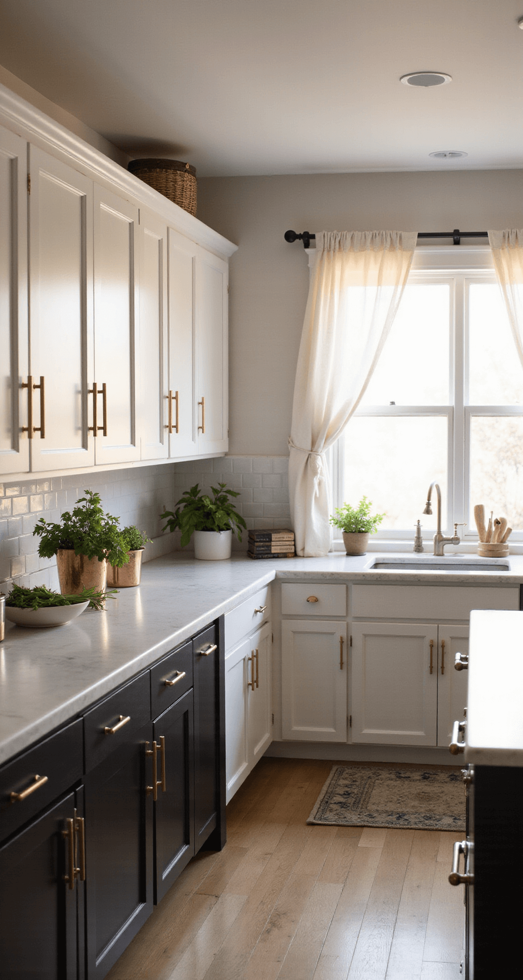 Kitchen Cabinets: Your Ultimate Styling and Photography Guide A bright modern minimalist kitchen featuring white shaker cabinets with brass hardware, a matte black center island, and marble countertops, bathed in warm natural light during golden hour. The scene includes artisanal ceramics, fresh herbs in copper pots, and a stack of cookbooks, with a 45-degree angled view highlighting the space's depth.