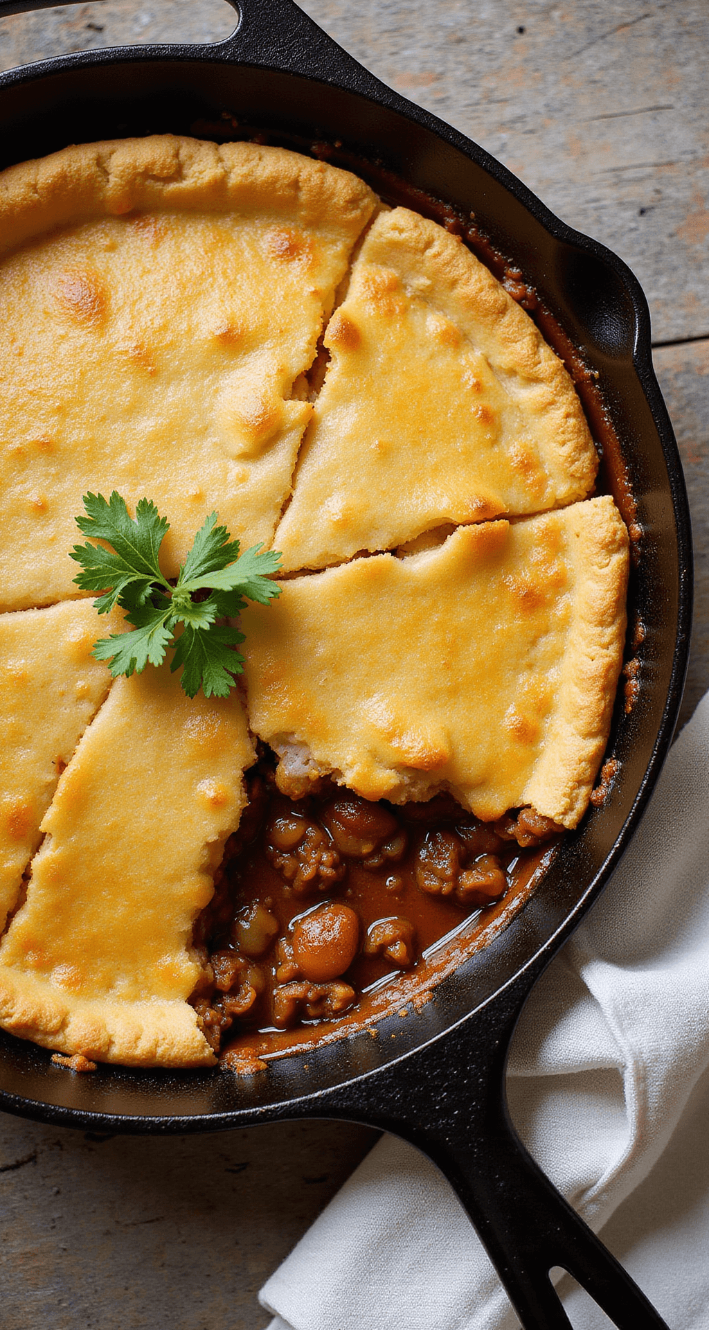 SLOPPY JOE PIE: The Ultimate Comfort Food Casserole Overhead view of a golden-brown Sloppy Joe Pie in a cast-iron skillet, with steam rising from the crispy Bisquick crust and melted cheese peeking from the edges, garnished with fresh herbs, on a weathered wooden surface with warm natural lighting.