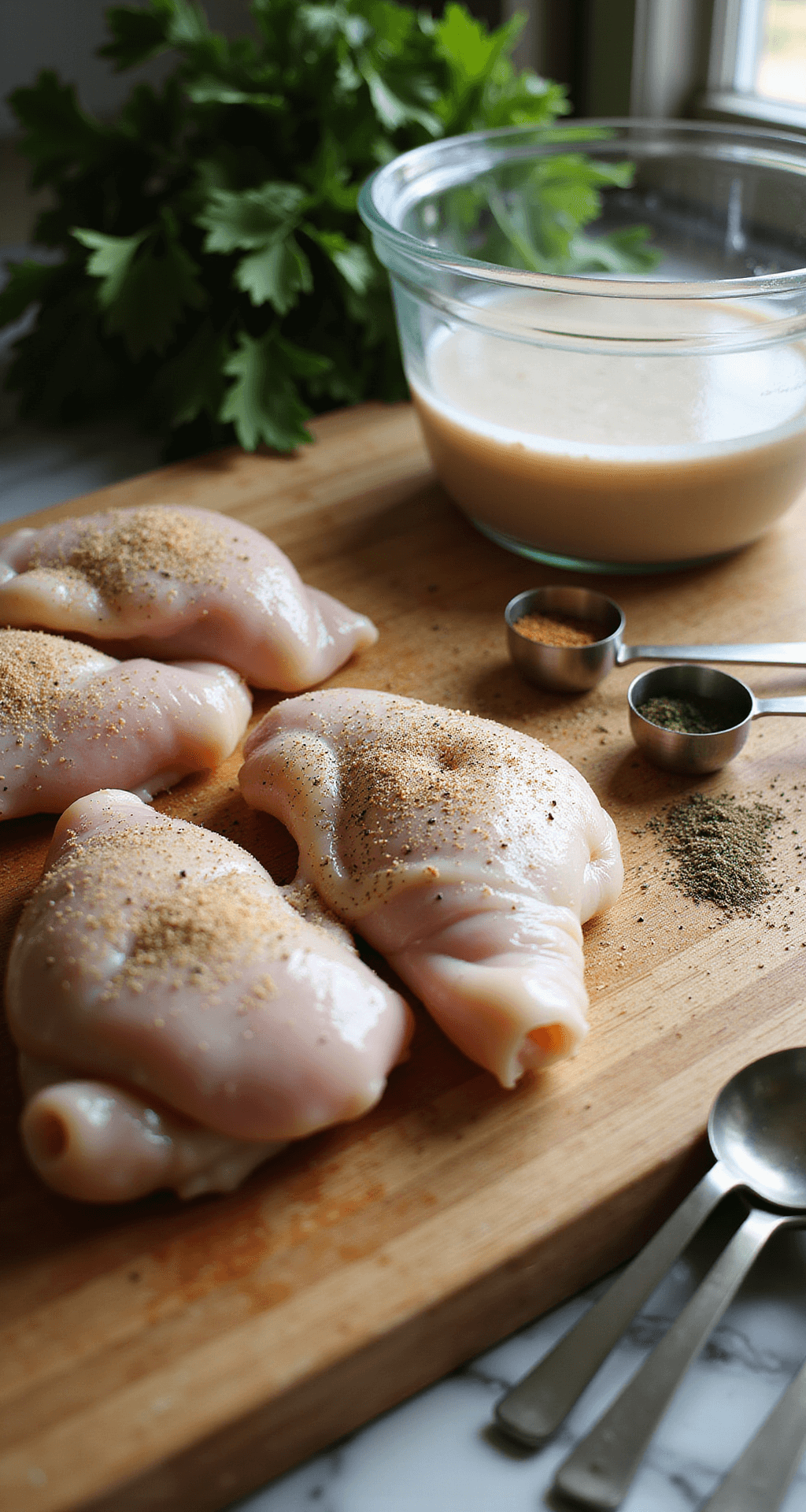 BAKED CHICKEN WITH CREAM OF MUSHROOM SOUP: A FOOLPROOF FAMILY FAVORITE Close-up of seasoned raw chicken breasts on a wooden cutting board, surrounded by fresh herbs and spices, with a glass bowl of cream of mushroom soup mixture in the background, illuminated by soft natural light.