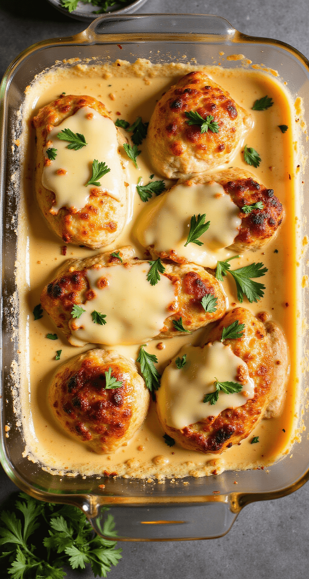 BAKED CHICKEN WITH CREAM OF MUSHROOM SOUP: A FOOLPROOF FAMILY FAVORITE Overhead view of a golden-brown casserole in a glass dish, topped with melted mozzarella cheese, bubbling cream sauce, and garnished with fresh parsley. Steam rises in warm lighting.