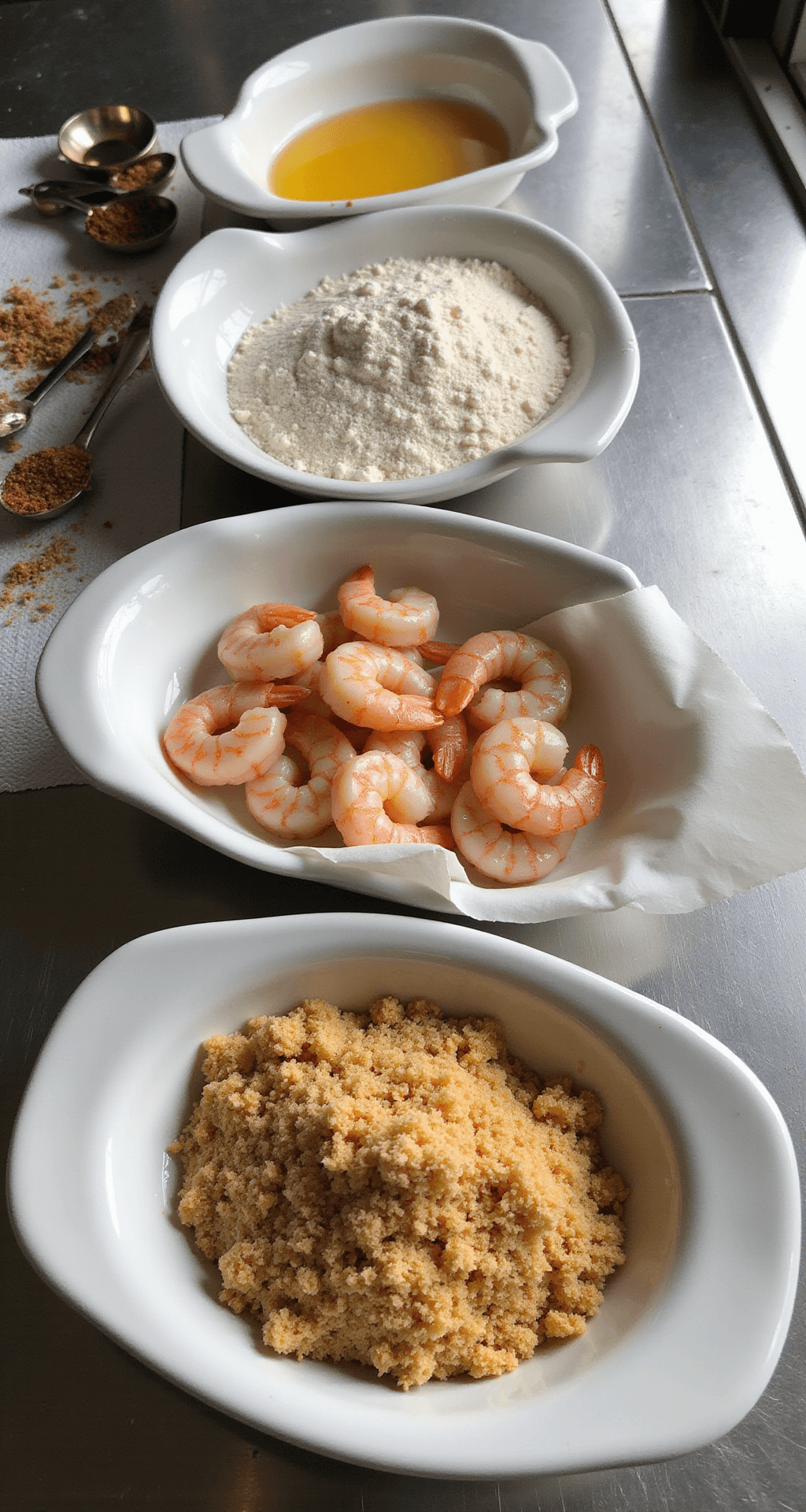 Crispy Fried Shrimp with Zesty Cocktail Sauce: A Restaurant-Quality Appetizer in Minutes A well-lit culinary workspace featuring three white dishes with flour, beaten eggs, and Panko breadcrumbs, alongside fresh shrimp on paper towels, set on a stainless steel surface with Old Bay seasoning and measuring spoons.