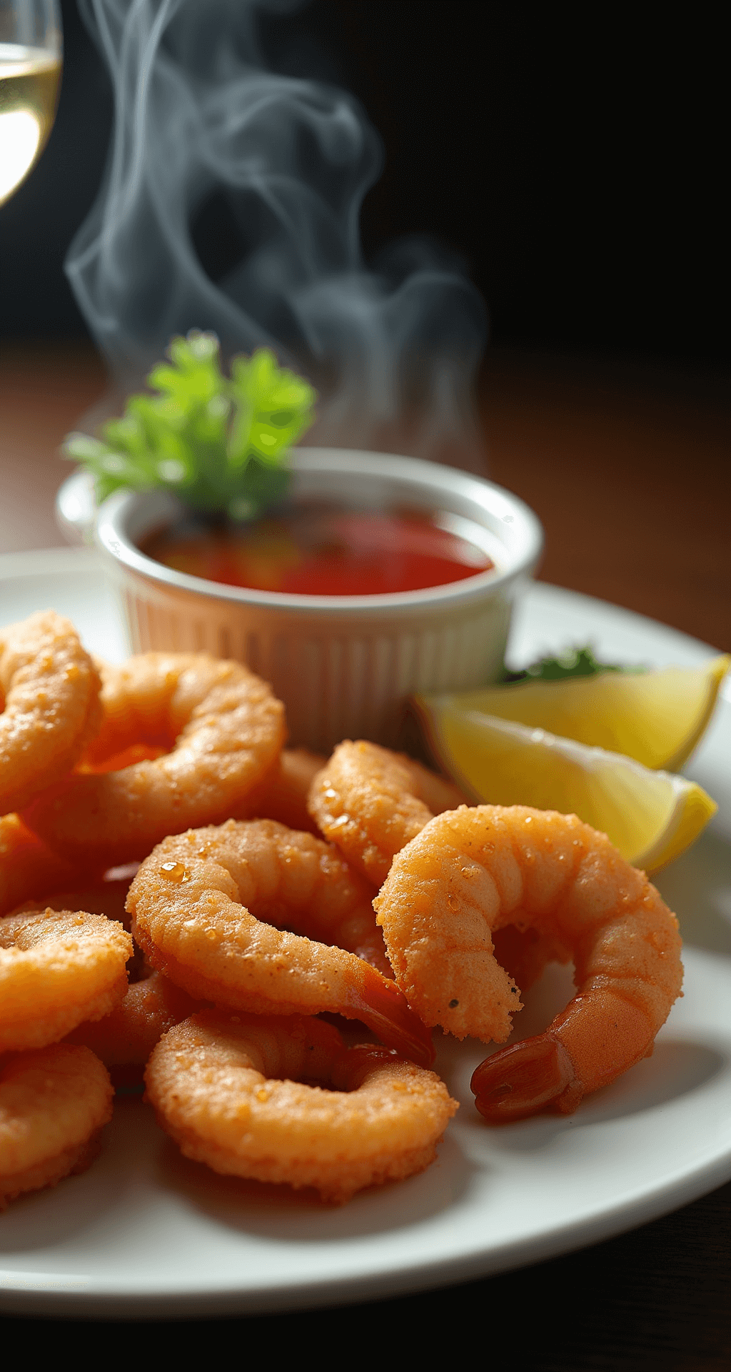Crispy Fried Shrimp with Zesty Cocktail Sauce: A Restaurant-Quality Appetizer in Minutes A spiral arrangement of golden-brown fried shrimp on a white ceramic plate, accompanied by a ramekin of red cocktail sauce, fresh parsley, and lemon wedges, with dramatic side lighting enhancing the crispy texture and droplets of condensation on a glass of white wine.