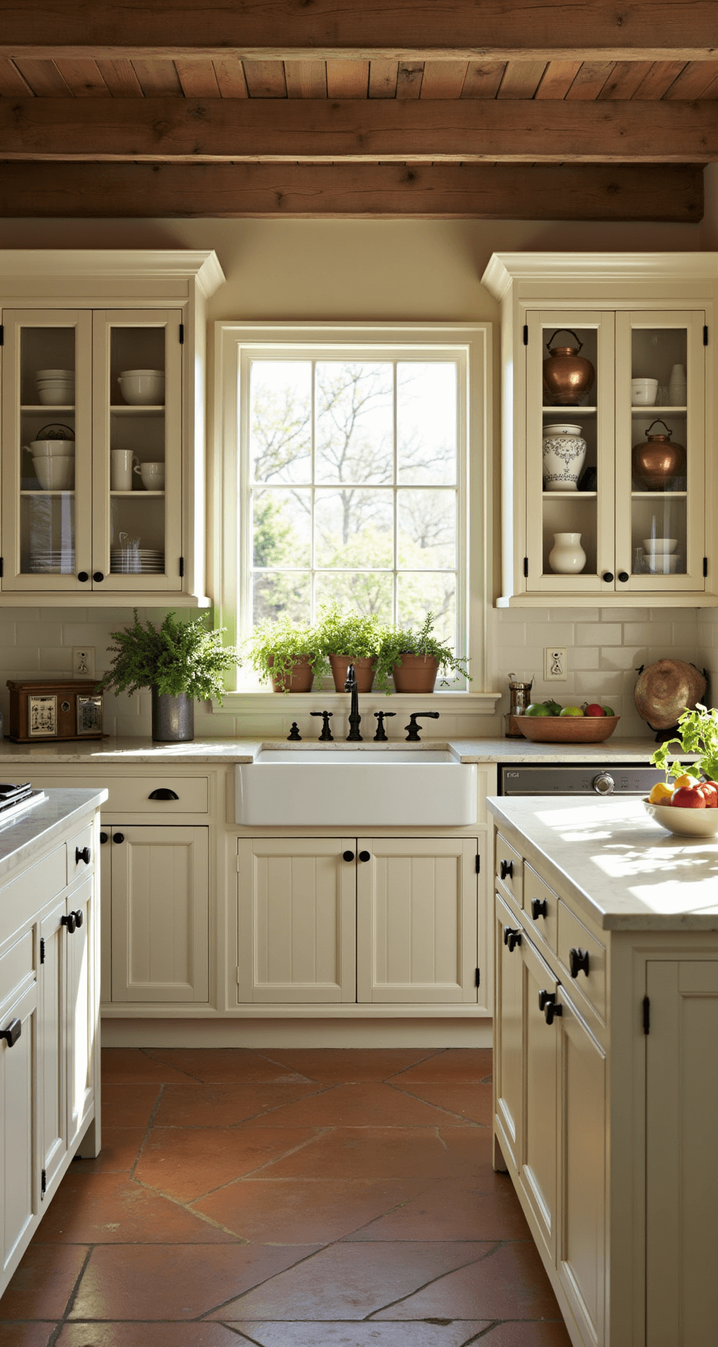 White Kitchen Cabinets: The Ultimate Style Guide for Timeless Elegance A cozy French country kitchen featuring distressed white cabinets, reclaimed timber beams, cream limestone countertops, and terra cotta floor tiles, illuminated by golden hour light, adorned with copper pots, fresh herbs in the window, and vintage kitchenware.